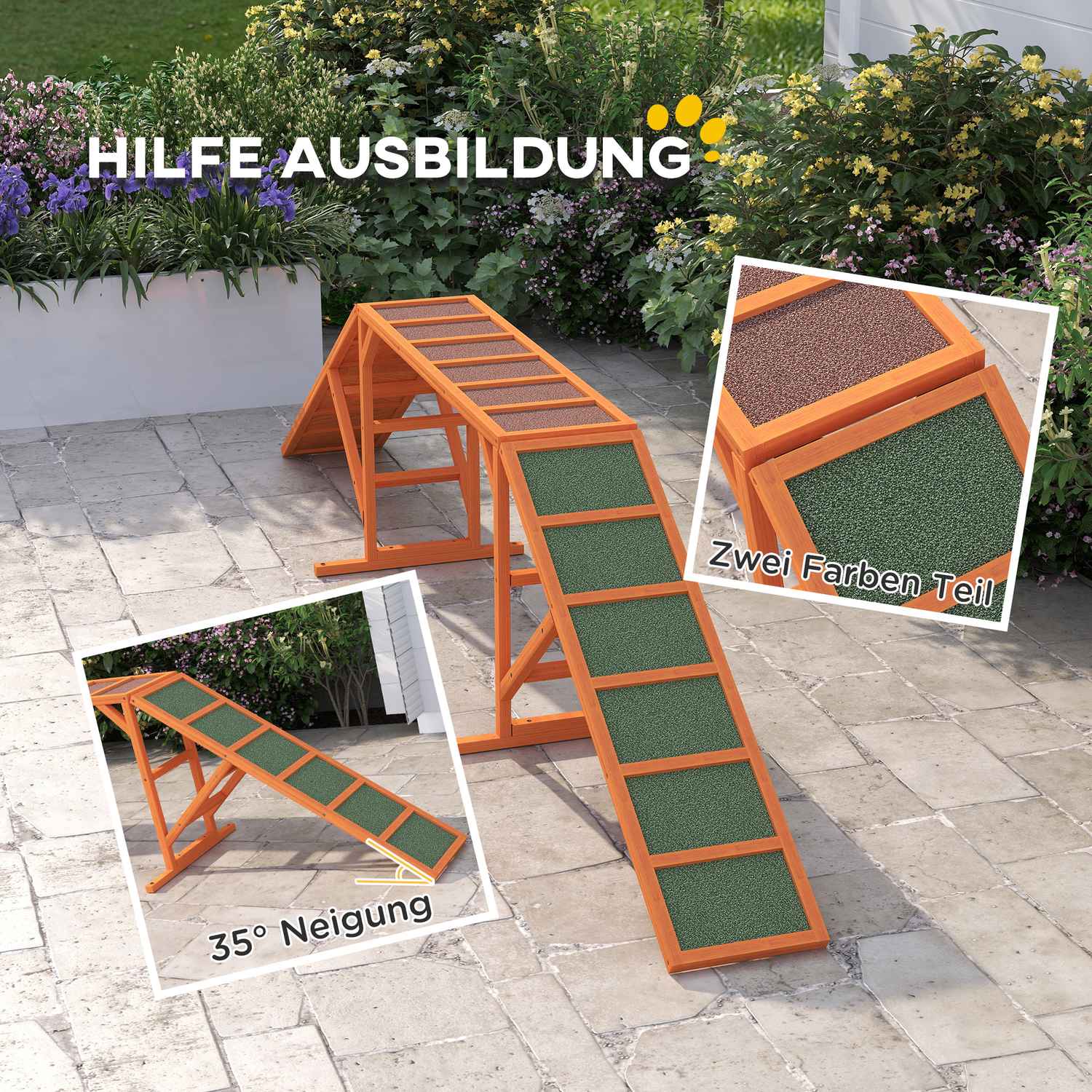 Dog Agility Bridge med Safety Bar, Halkfri, 325 cm, Orange
