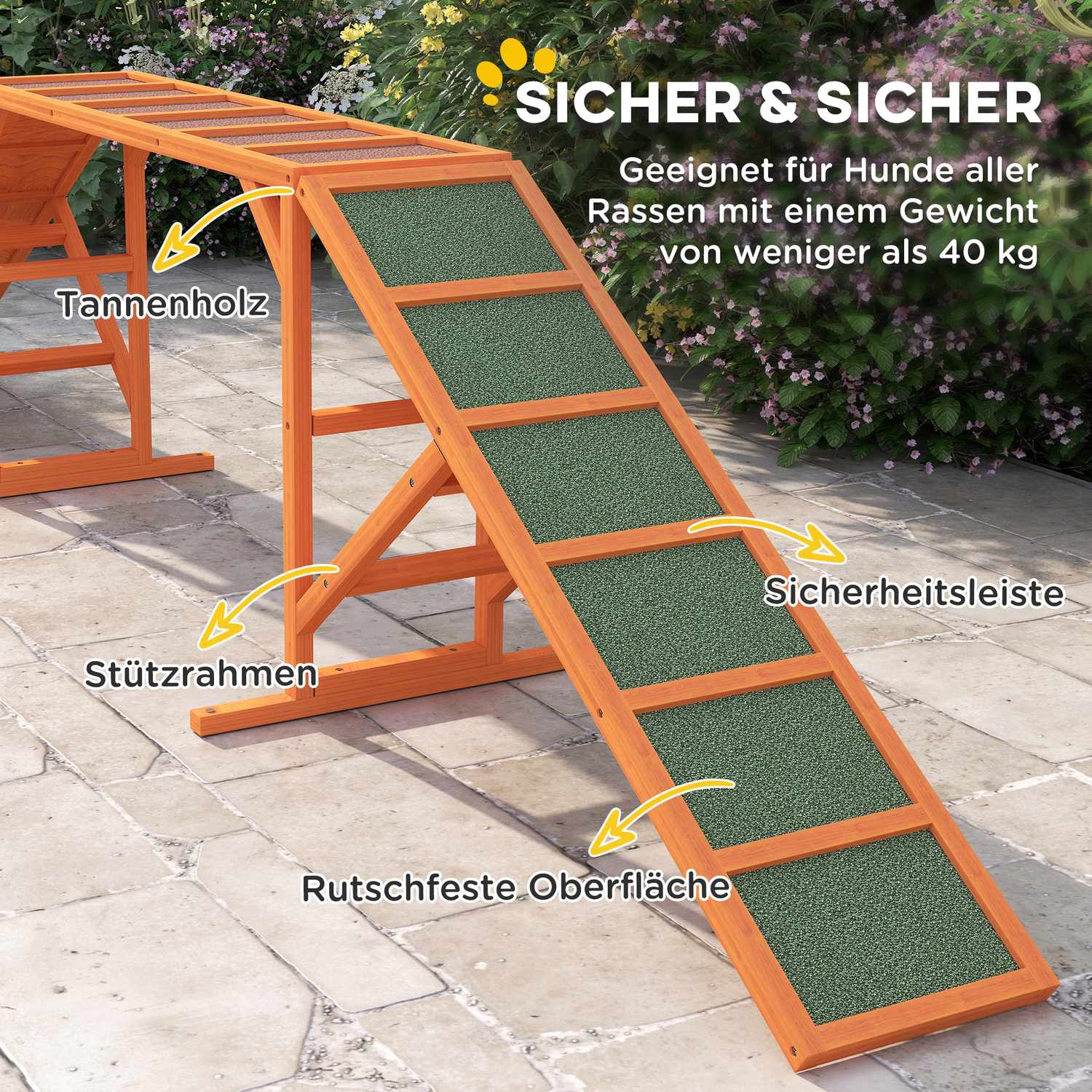 Dog Agility Bridge med Safety Bar, Halkfri, 325 cm, Orange