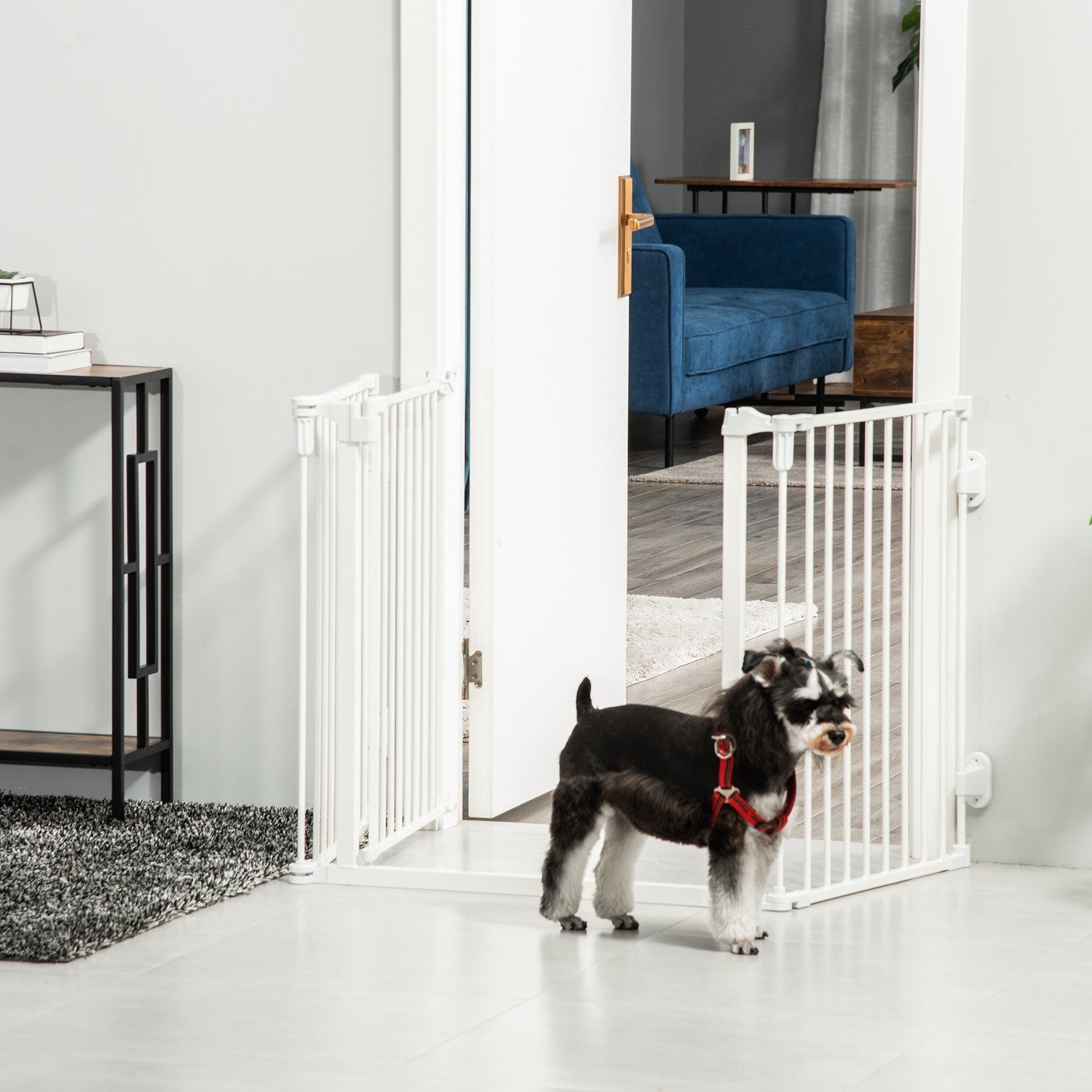 Fällbar hundbarriär med justerbar vinkel och automatisk dörr