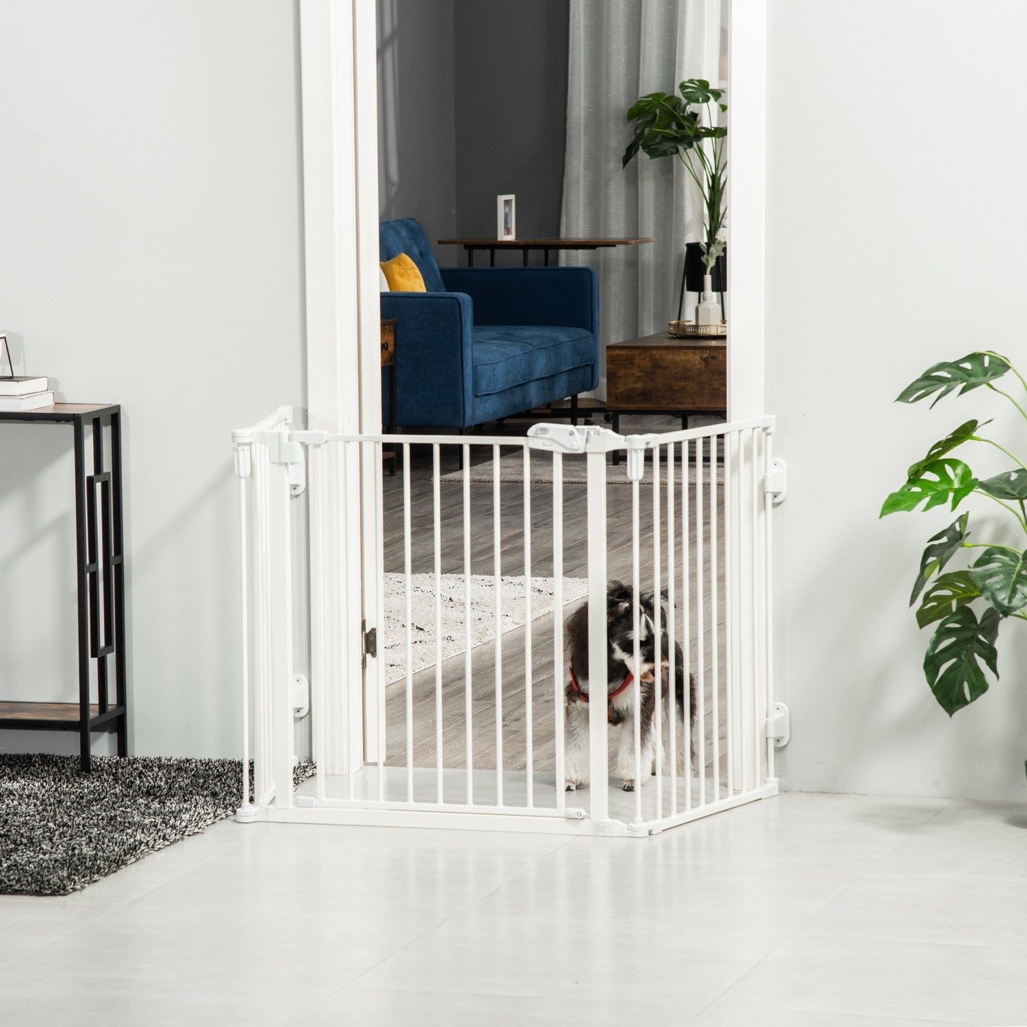 Fällbar hundbarriär med justerbar vinkel och automatisk dörr