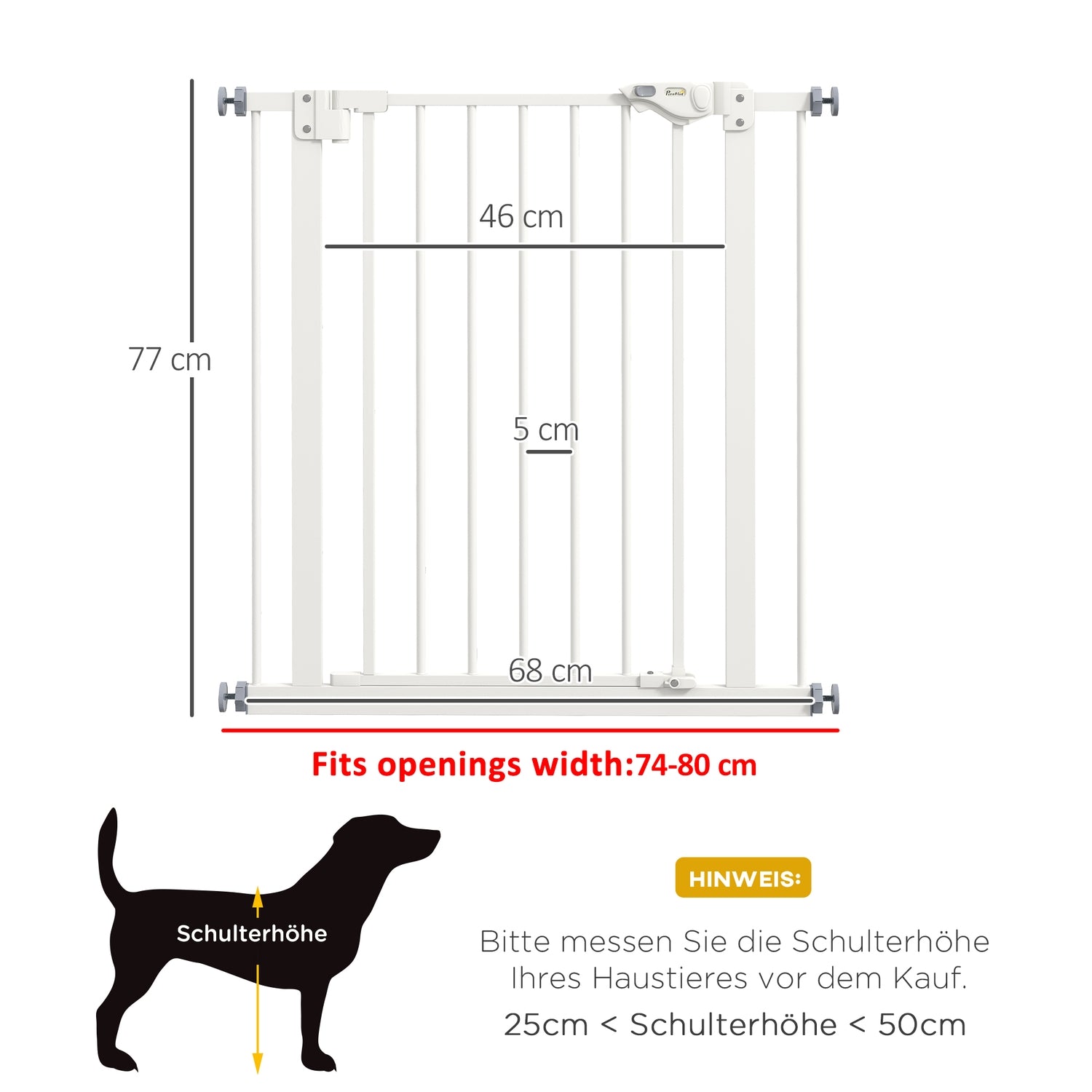 Dog Safety Gate, 74-80 cm, No-Drill, Metall & Plast
