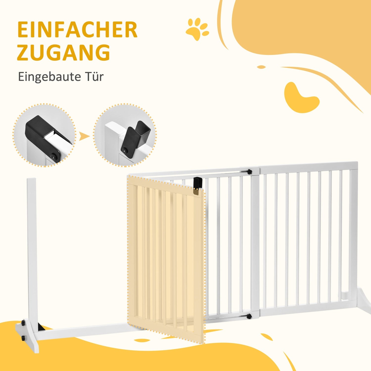 Dog Safety Gate – Fristående trä med lättåtkomlig dörr, vit