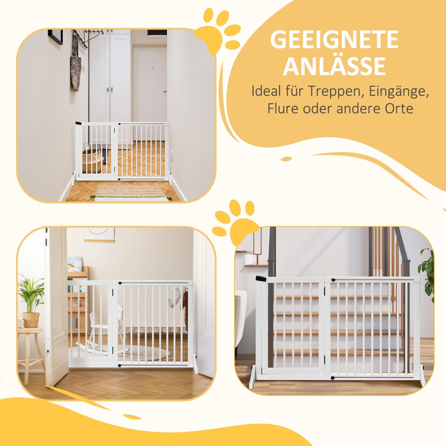 Dog Safety Gate – Fristående trä med lättåtkomlig dörr, vit