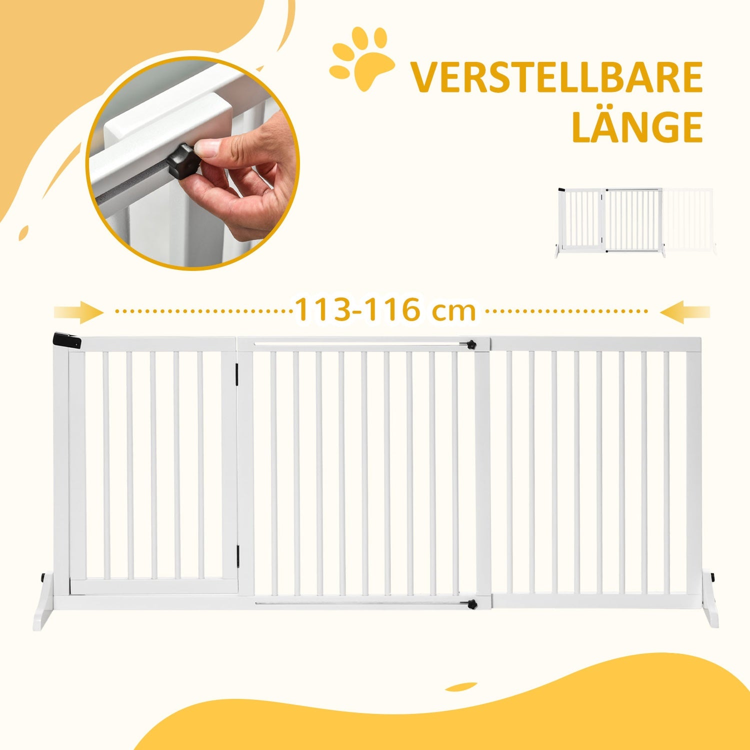 Dog Safety Gate – Fristående trä med lättåtkomlig dörr, vit