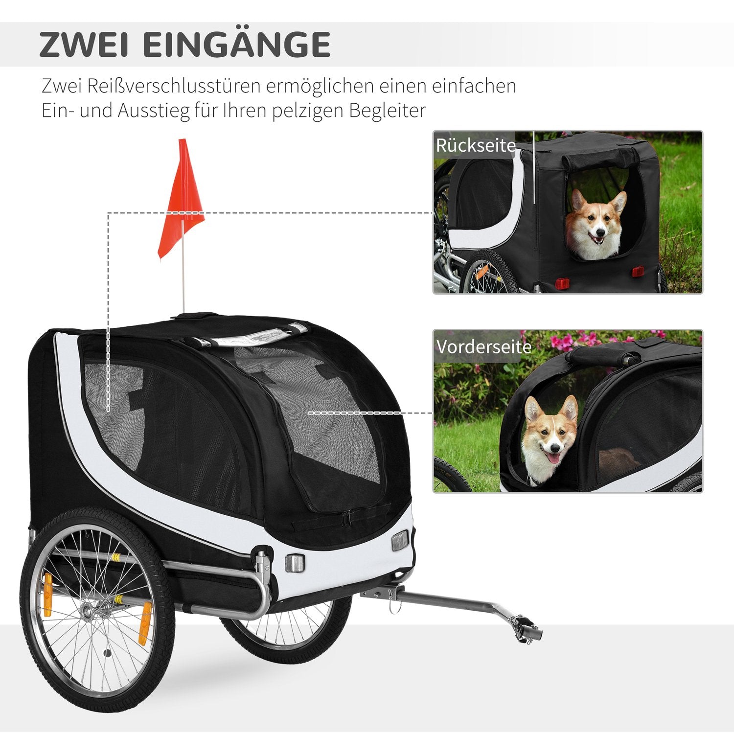 Hundcykelvagn, Vit & Svart, 130x73x90 cm