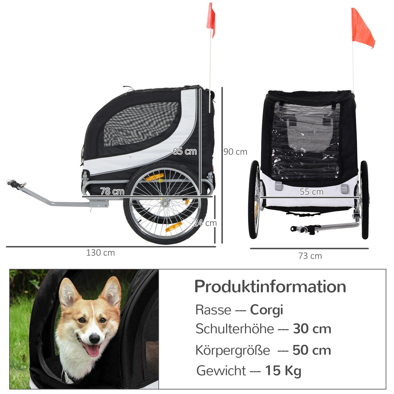 Hundcykelvagn, Vit & Svart, 130x73x90 cm