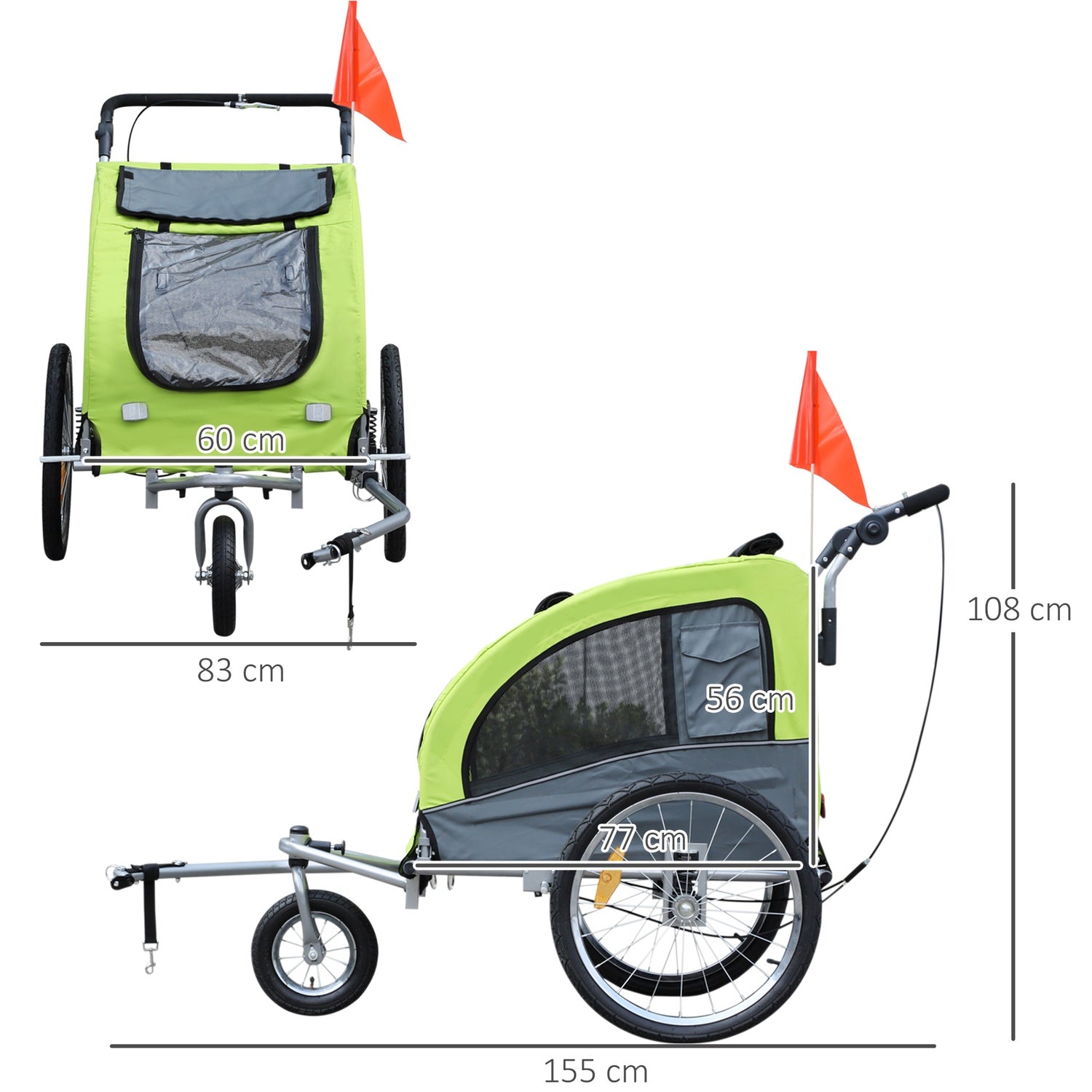 Stor Hundsläp Jogger, Stabil Cykelhållare, Grön/Grå