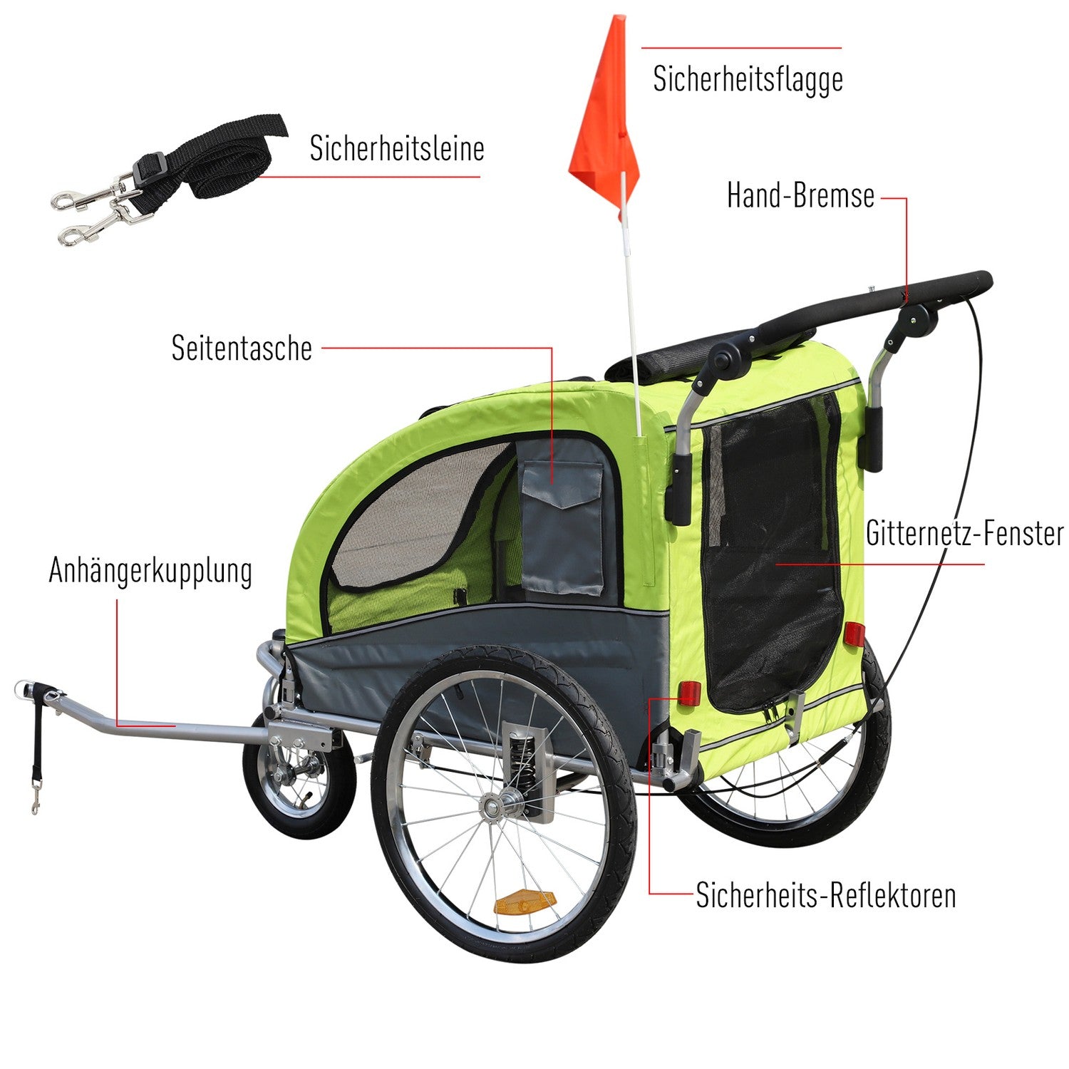 Stor Hundsläp Jogger, Stabil Cykelhållare, Grön/Grå