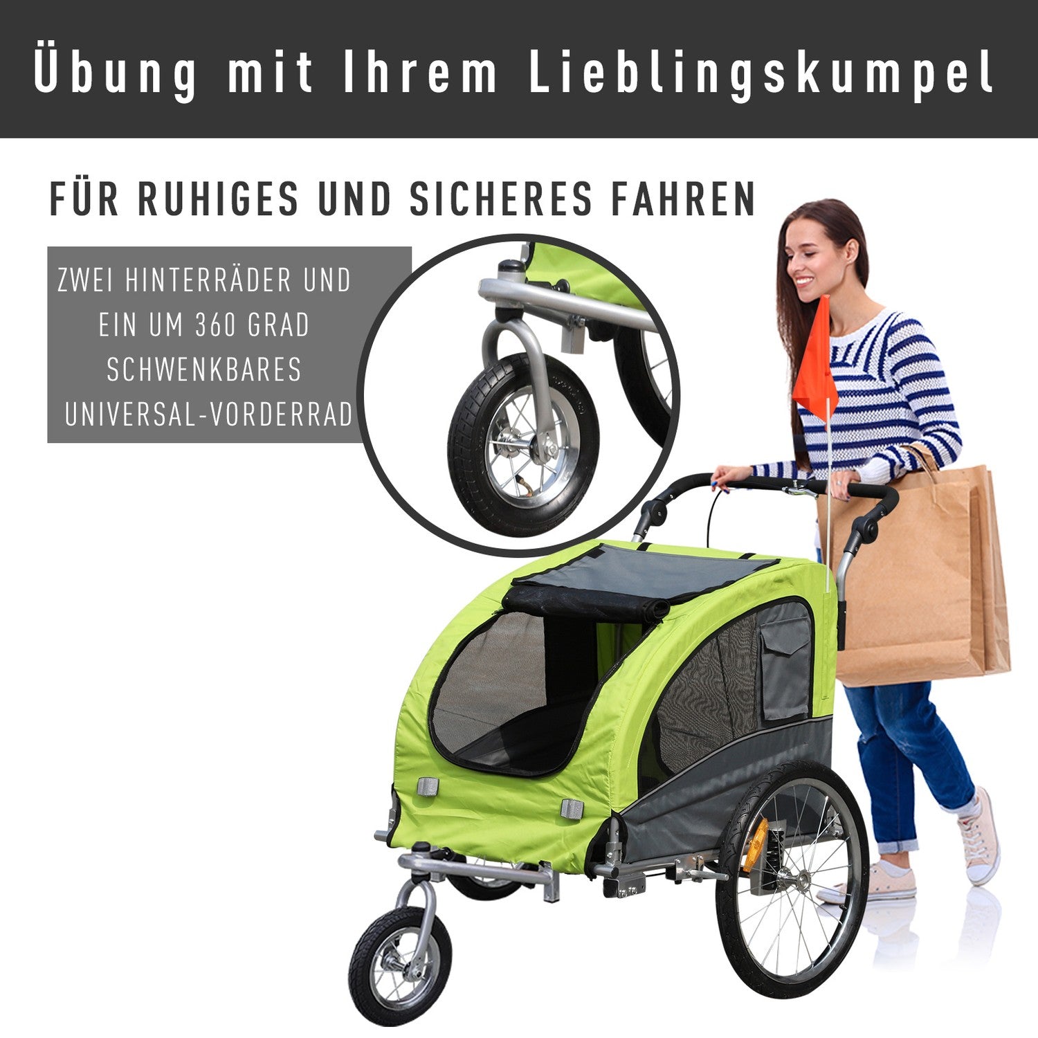 Stor Hundsläp Jogger, Stabil Cykelhållare, Grön/Grå