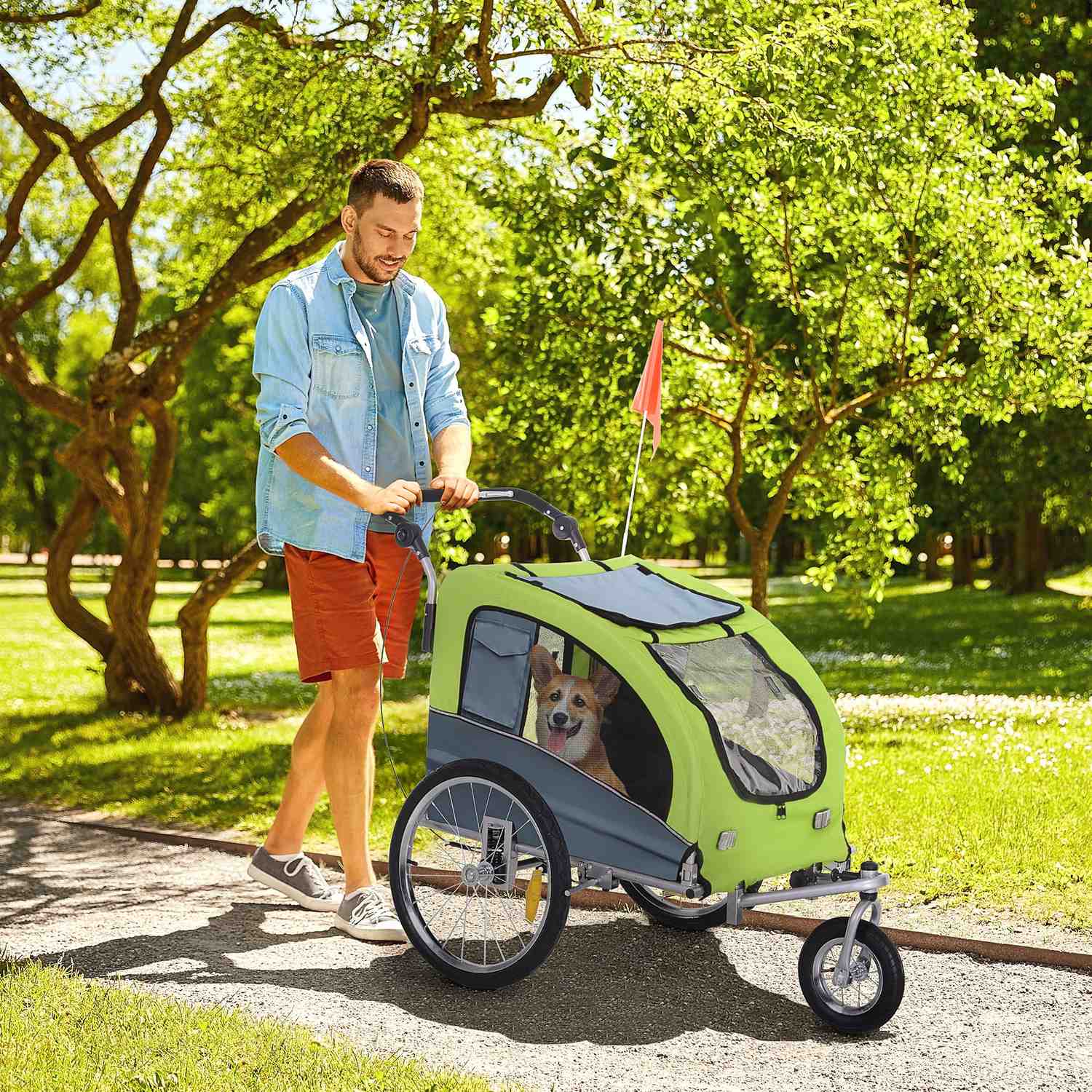 Stor Hundsläp Jogger, Stabil Cykelhållare, Grön/Grå