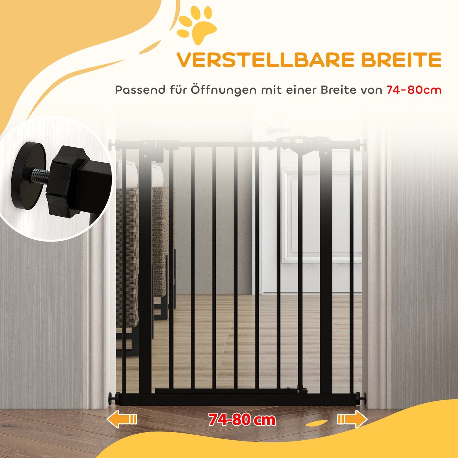 Hundsäkerhetstrappgrind, 74-80 cm, Metall & Plast, Svart