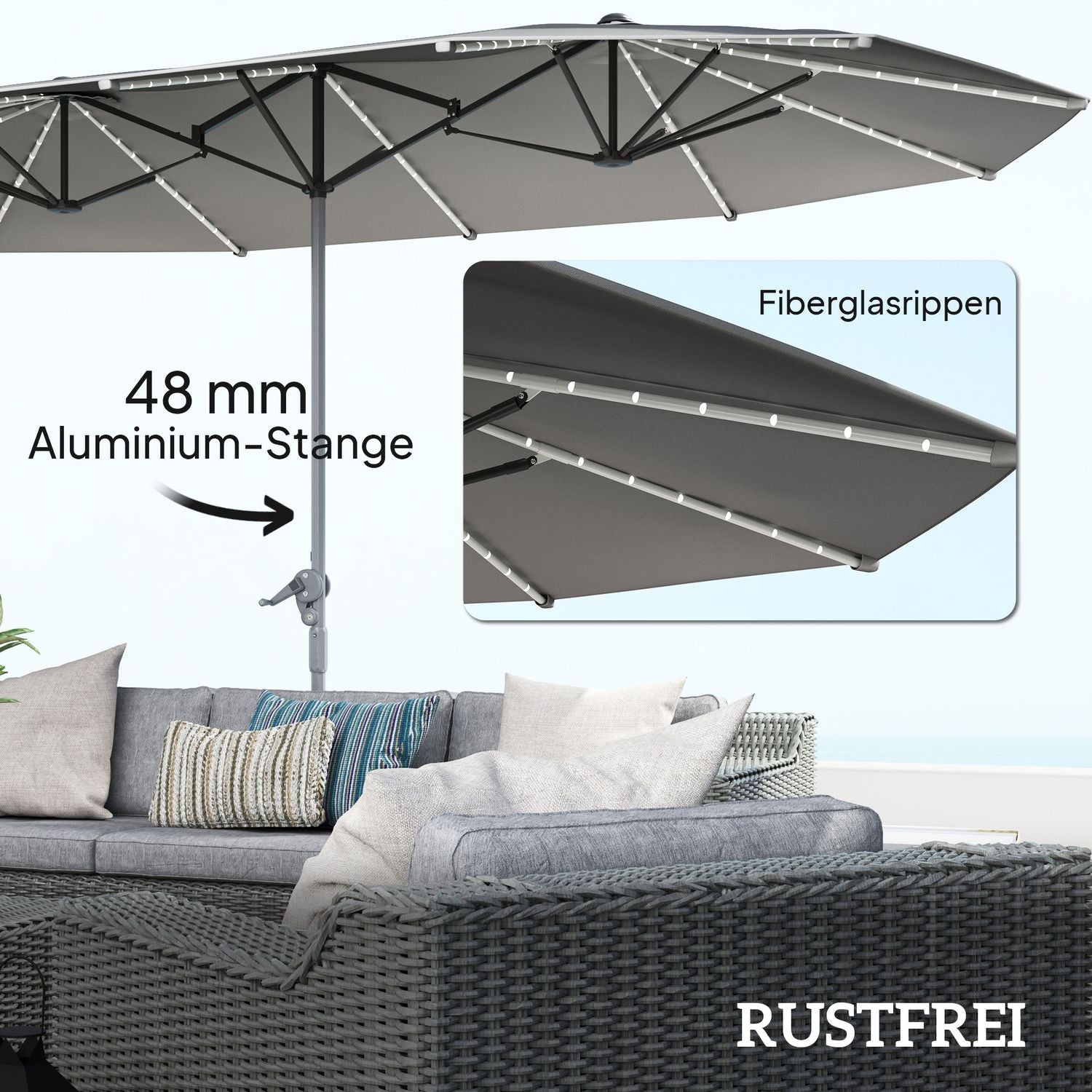 Dubbelparasoll med LED, UV50+ skydd, mörkgrå