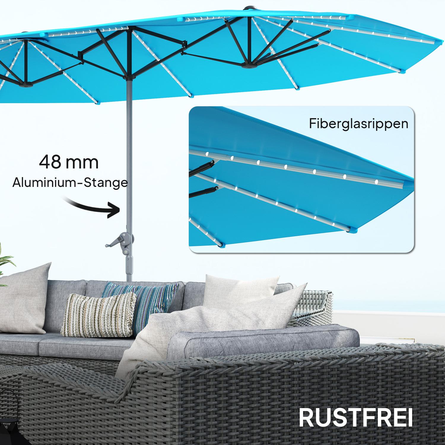 Dubbelt parasoll med solcellslysdioder, UV 50+ aluminium – blå