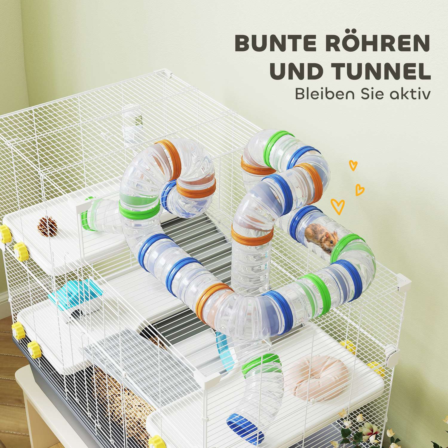 Dvärghamsterbur, 4 nivåer, tunnelsystem, hydda, tillbehör, toppöppning, 78 x 45 x 73 cm, grå