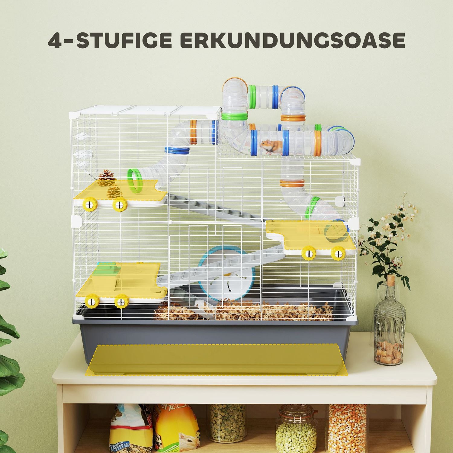 Dvärghamsterbur, 4 nivåer, tunnelsystem, hydda, tillbehör, toppöppning, 78 x 45 x 73 cm, grå