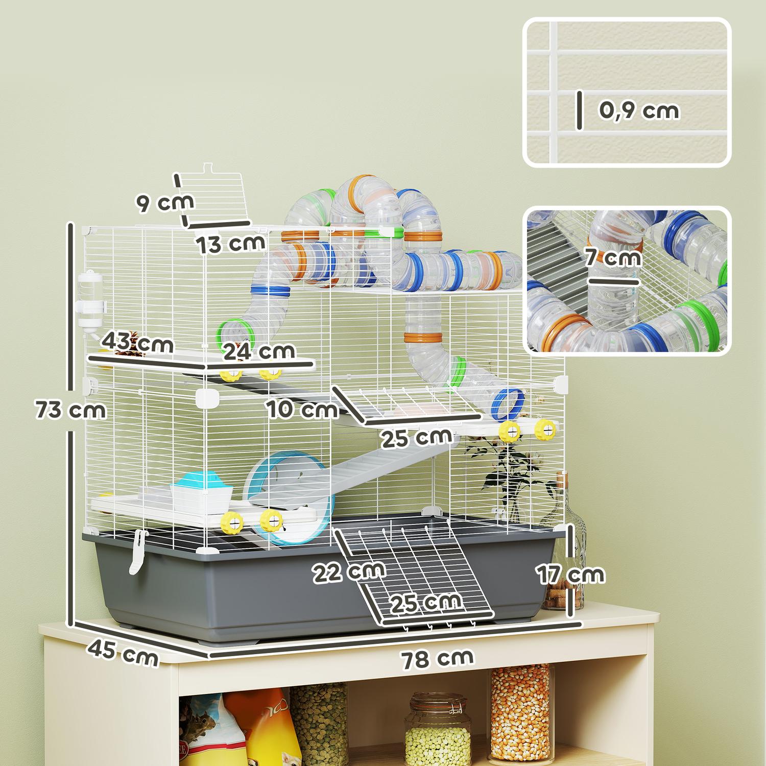 Dvärghamsterbur, 4 nivåer, tunnelsystem, hydda, tillbehör, toppöppning, 78 x 45 x 73 cm, grå