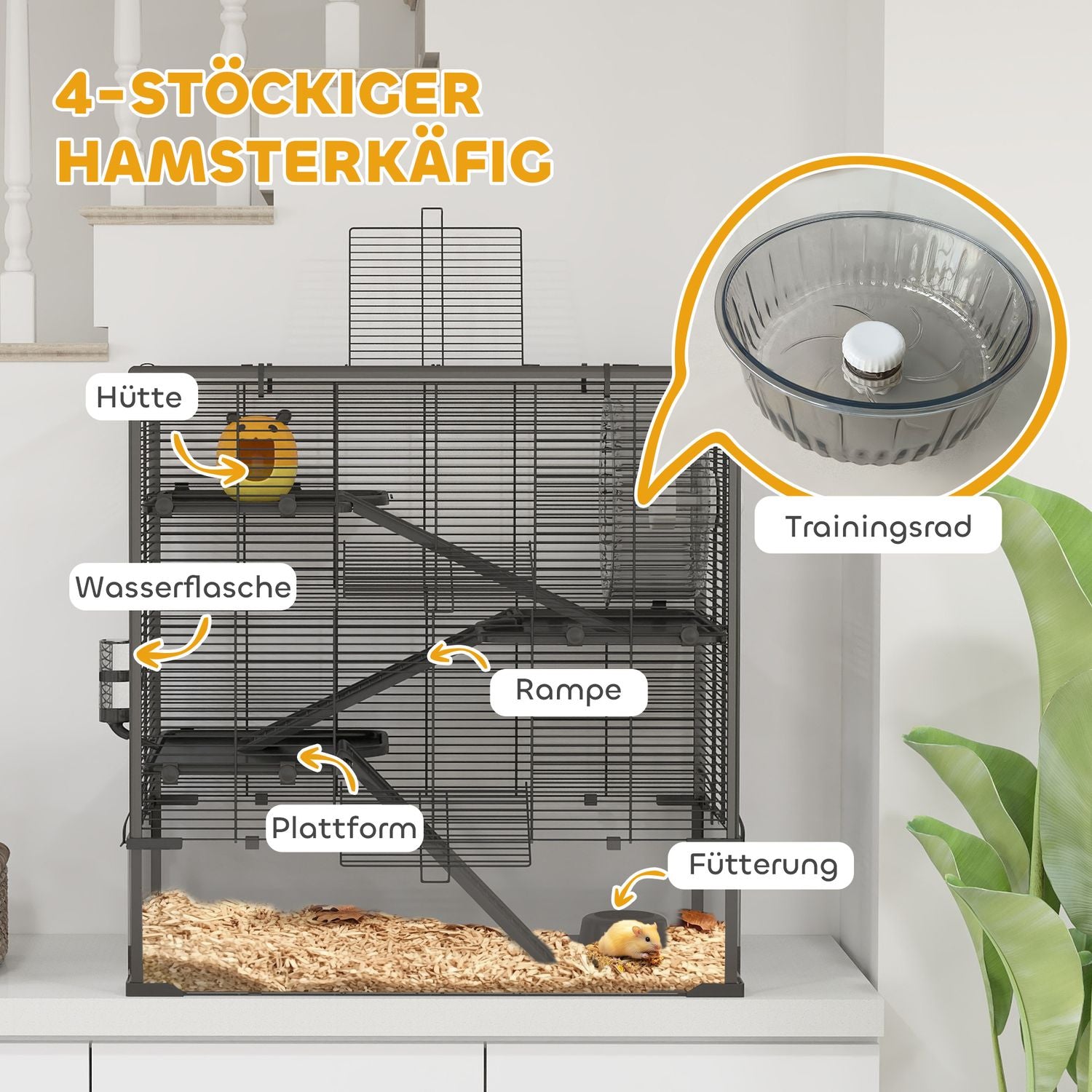 Dvärghamsterbur, 4-vånings med tillbehör, glasbas
