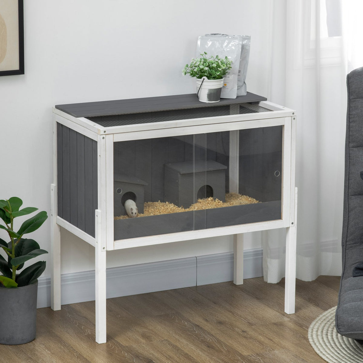 Dverghamsterbur i tre med hytter og tilbehør, 82cm