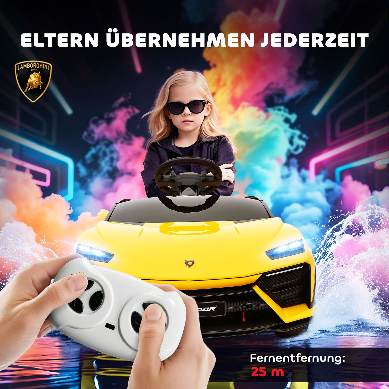 Elbil för barn 12V med fjärrkontroll, 2 motorer, gul