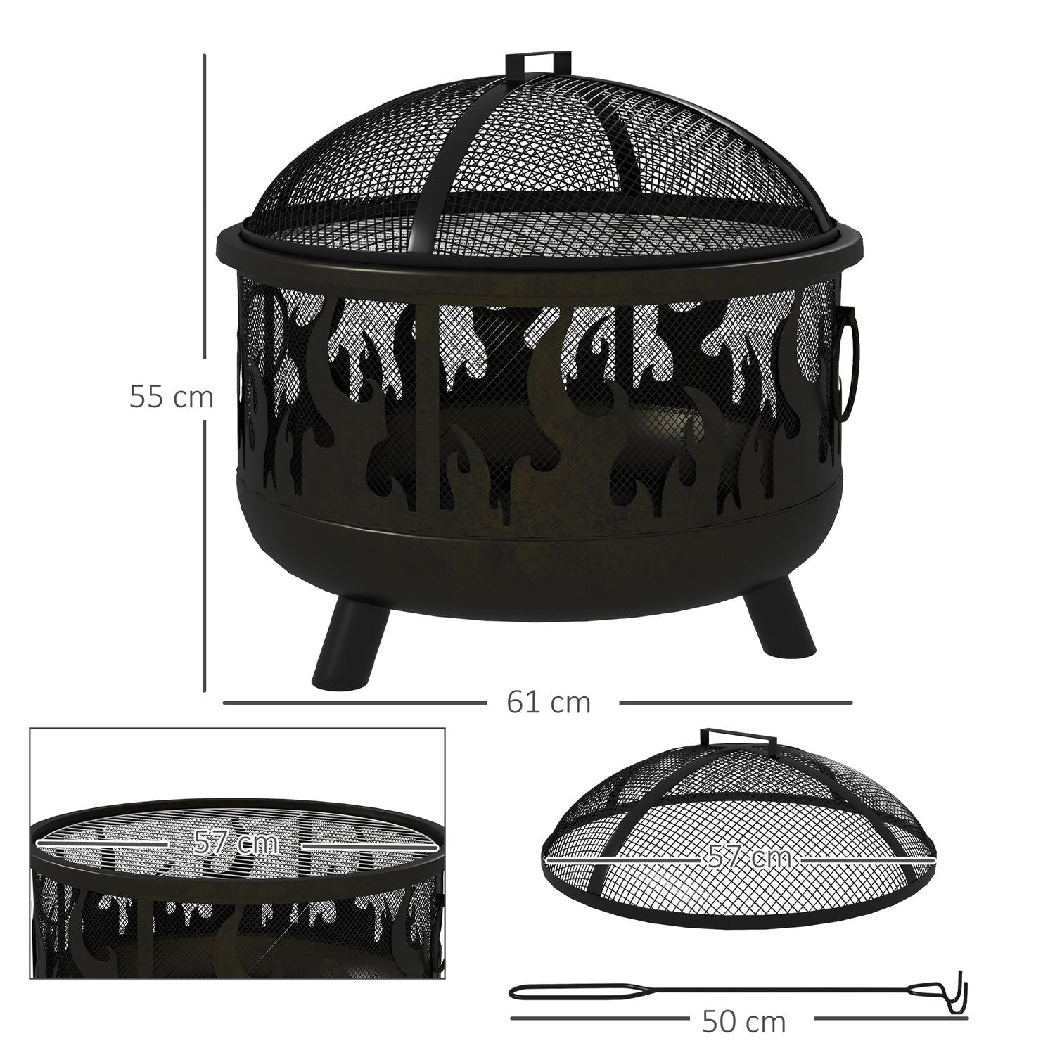 Eldskål med gnistskydd & grill – metall, Ø61cm
