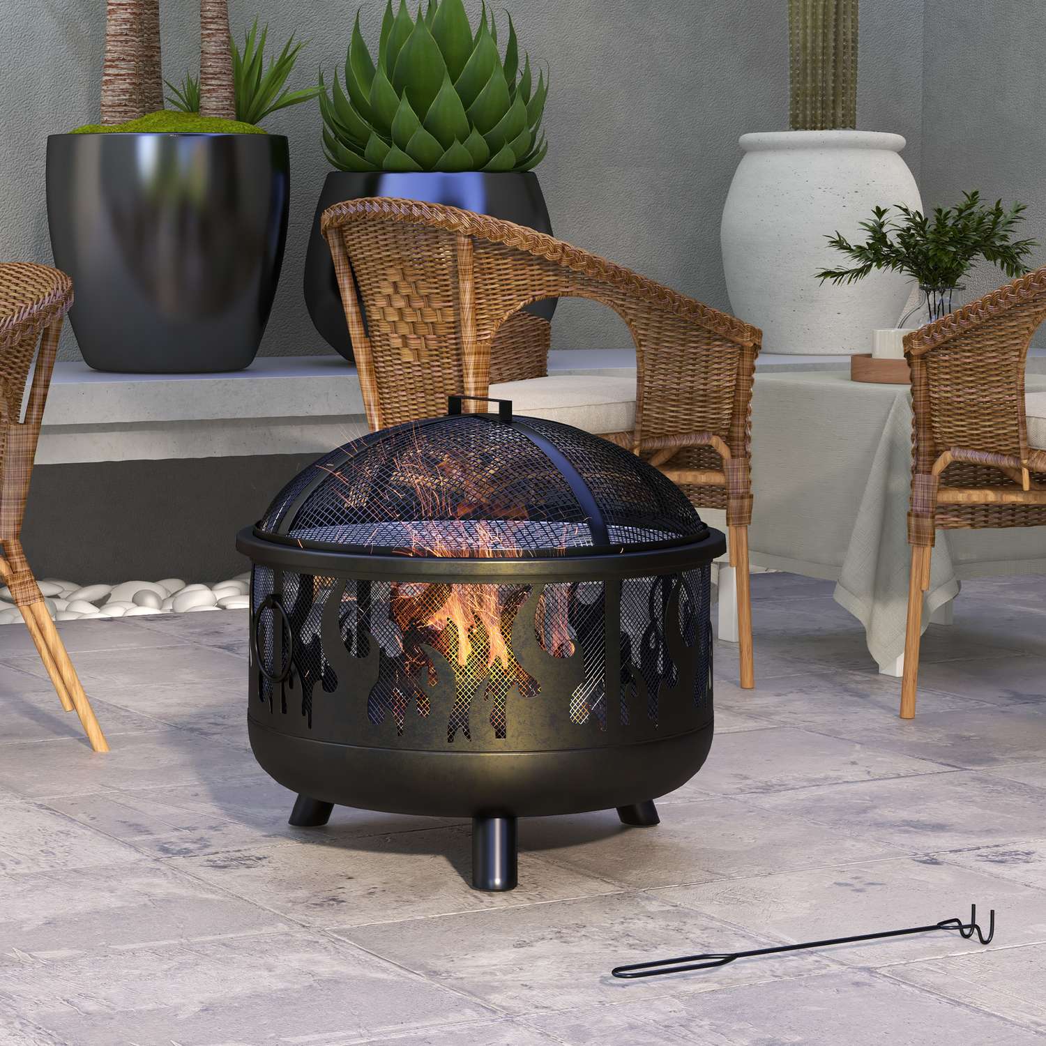 Eldskål med gnistskydd & grill – metall, Ø61cm