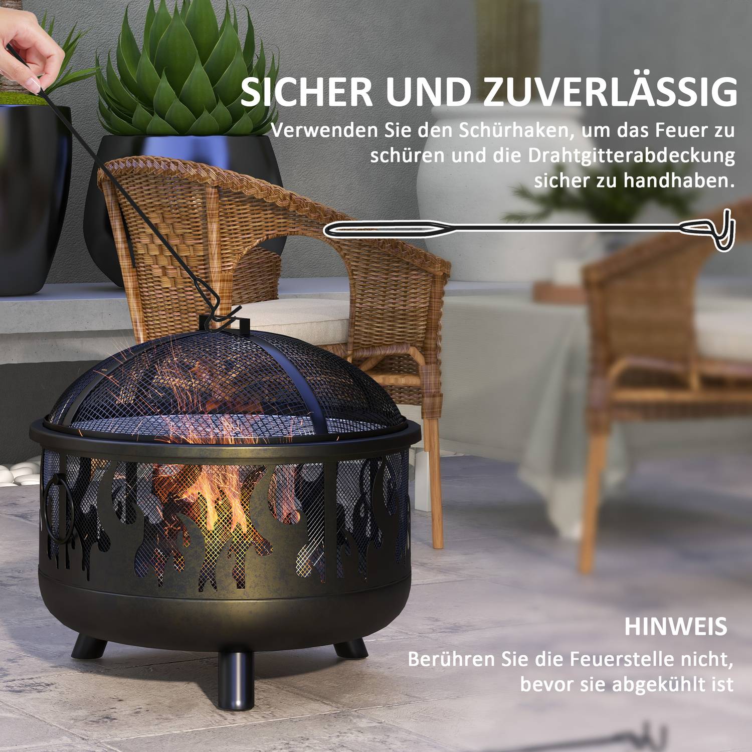 Eldskål med gnistskydd & grill – metall, Ø61cm