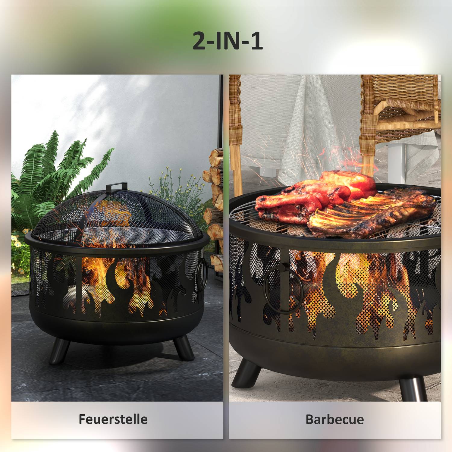 Eldskål med gnistskydd & grill – metall, Ø61cm