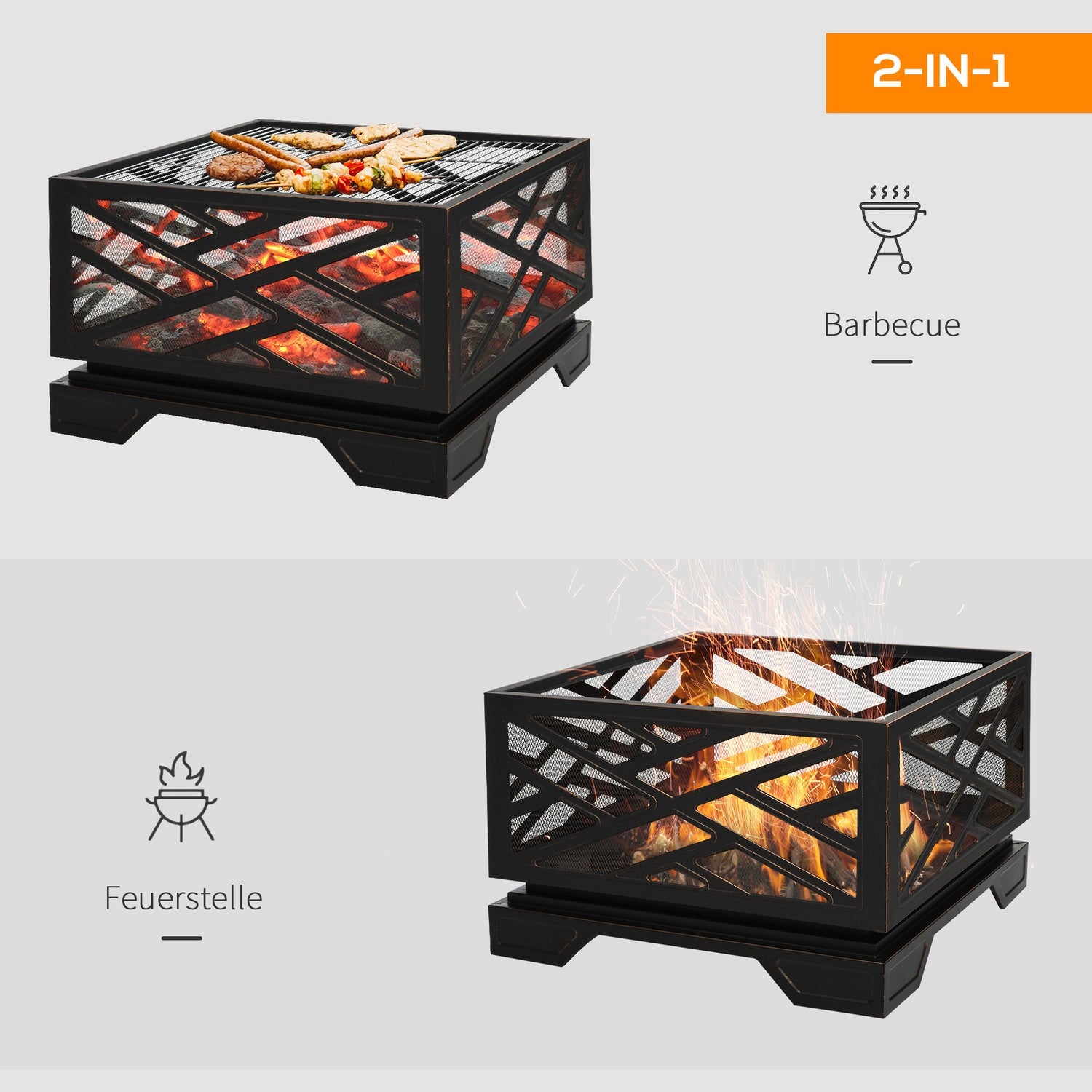 Metal Fire Bowl & BBQ Grill med gnistskydd, 66cm