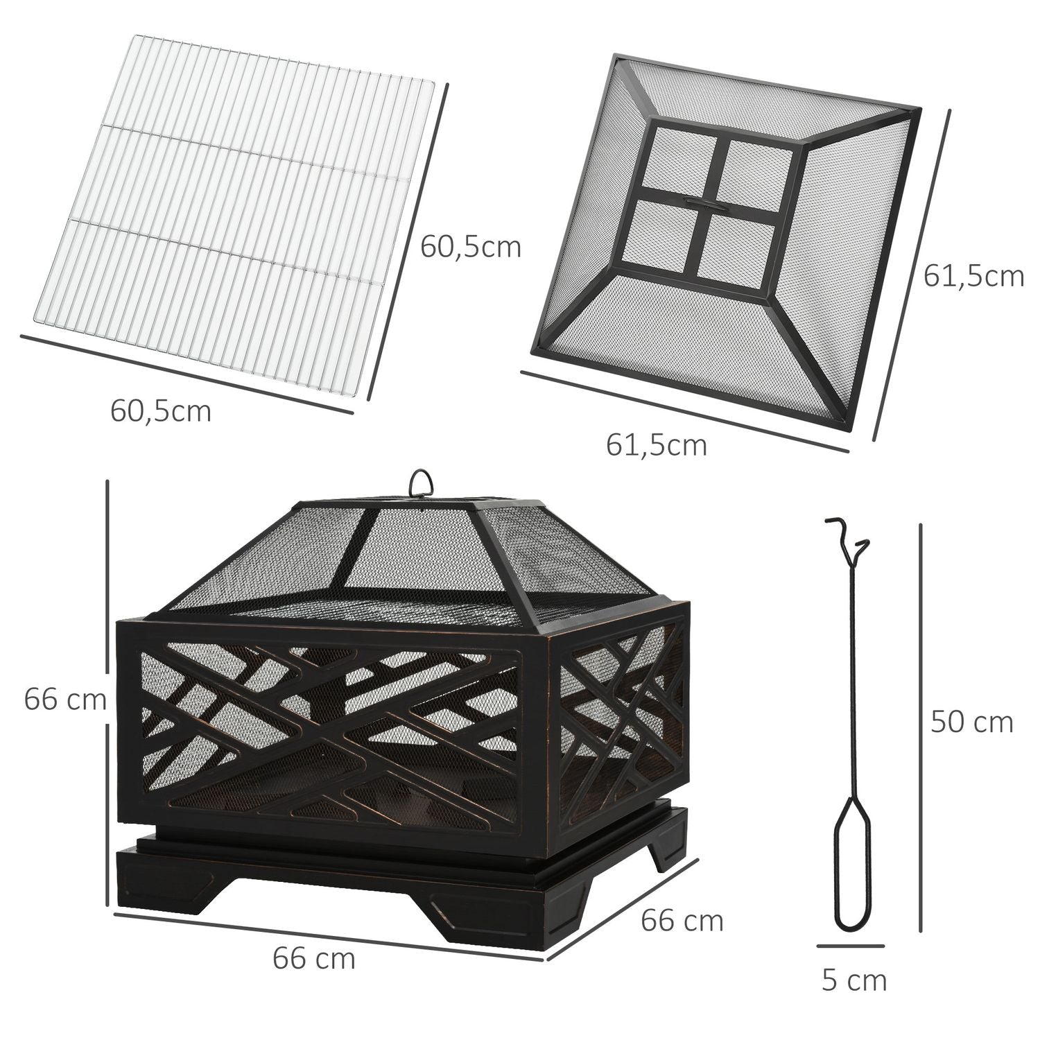 Metal Fire Bowl & BBQ Grill med gnistskydd, 66cm