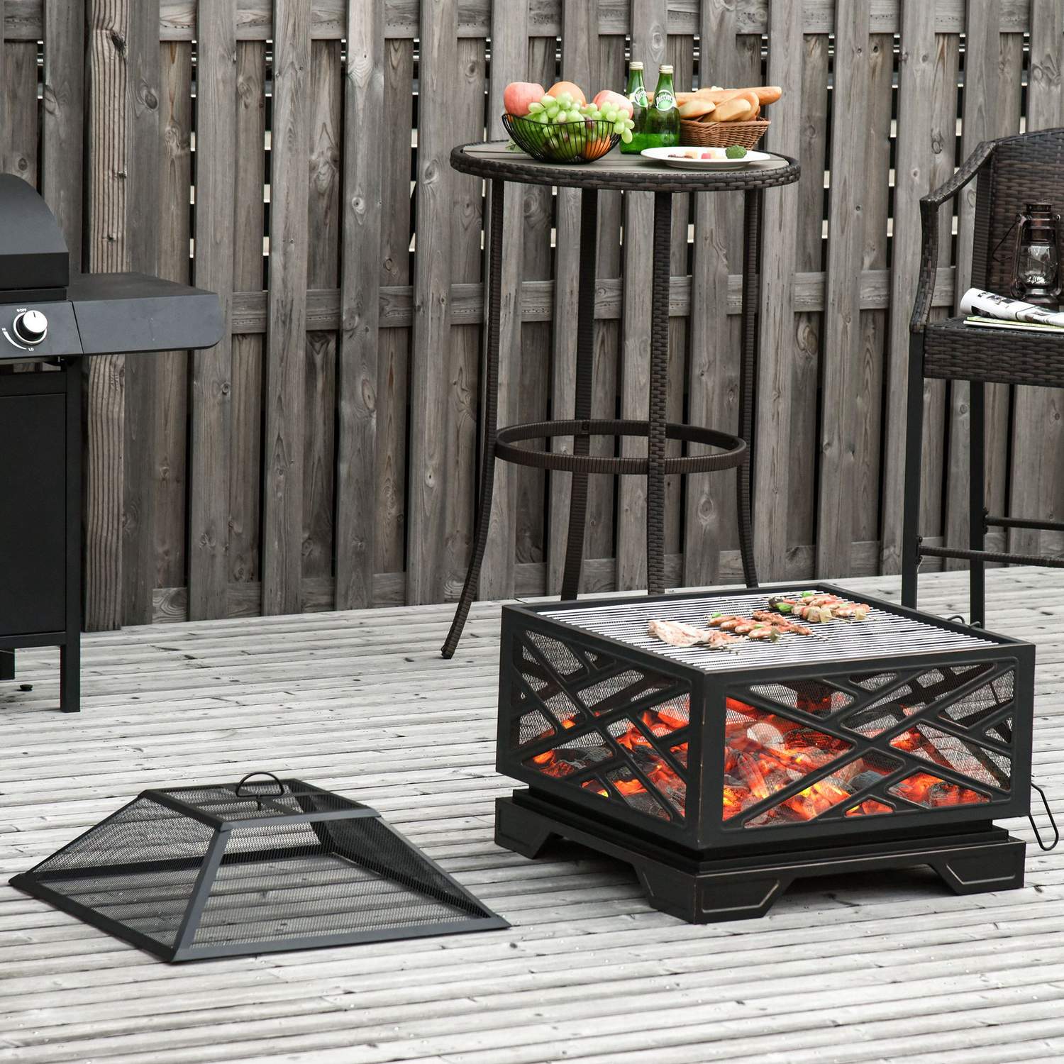 Metal Fire Bowl & BBQ Grill med gnistskydd, 66cm