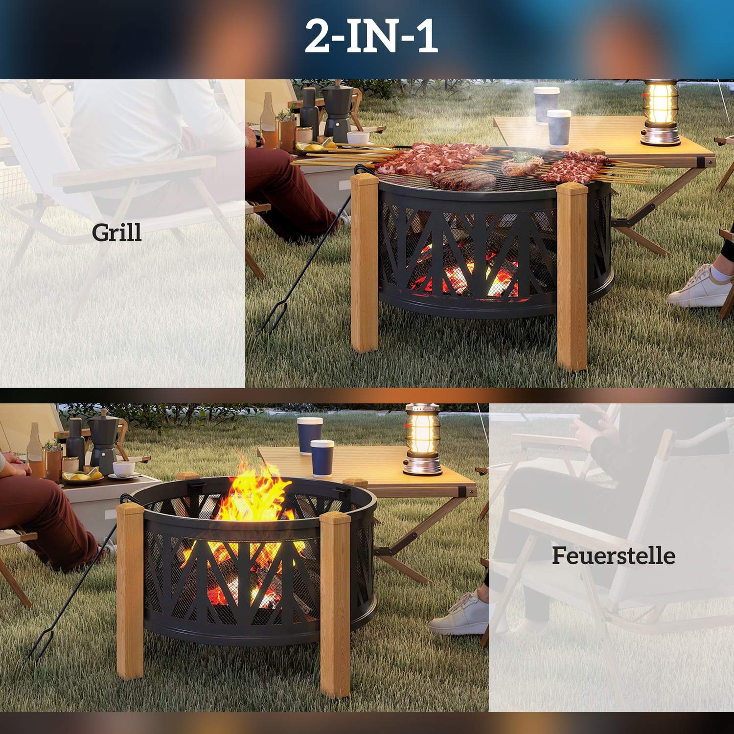 Eldstad 2-i-1, 75x58 cm, gnistskydd, grillgaller