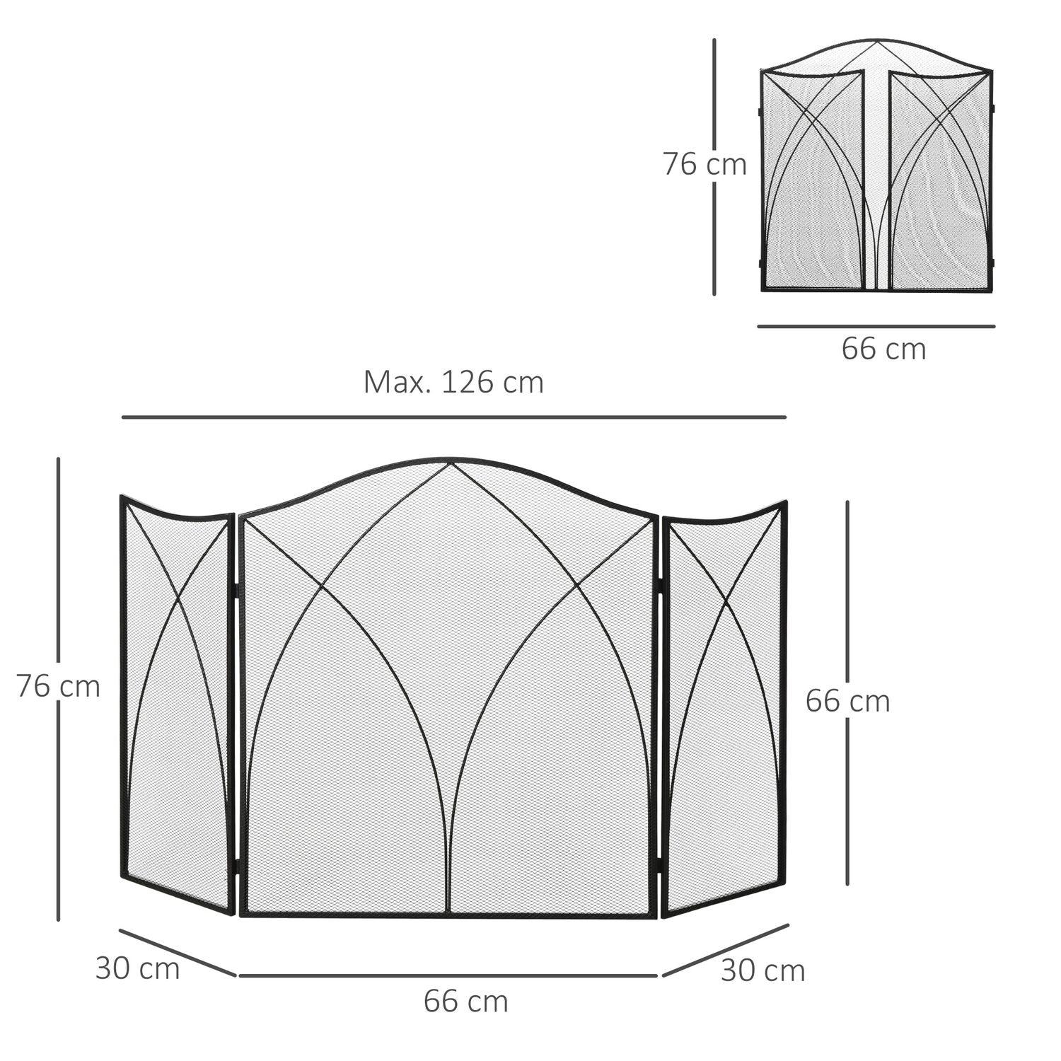 Vikbart svart metall eldstadsskydd, 3-panel, 126 x 76cm