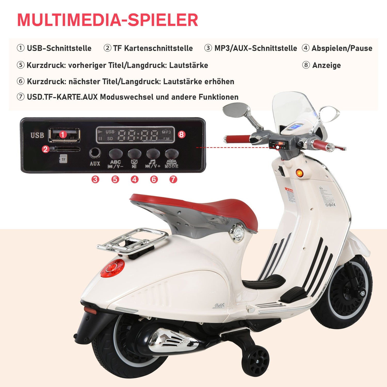 Elektrisk barnmotorcykel med MP3 och lampor, 3-6 år