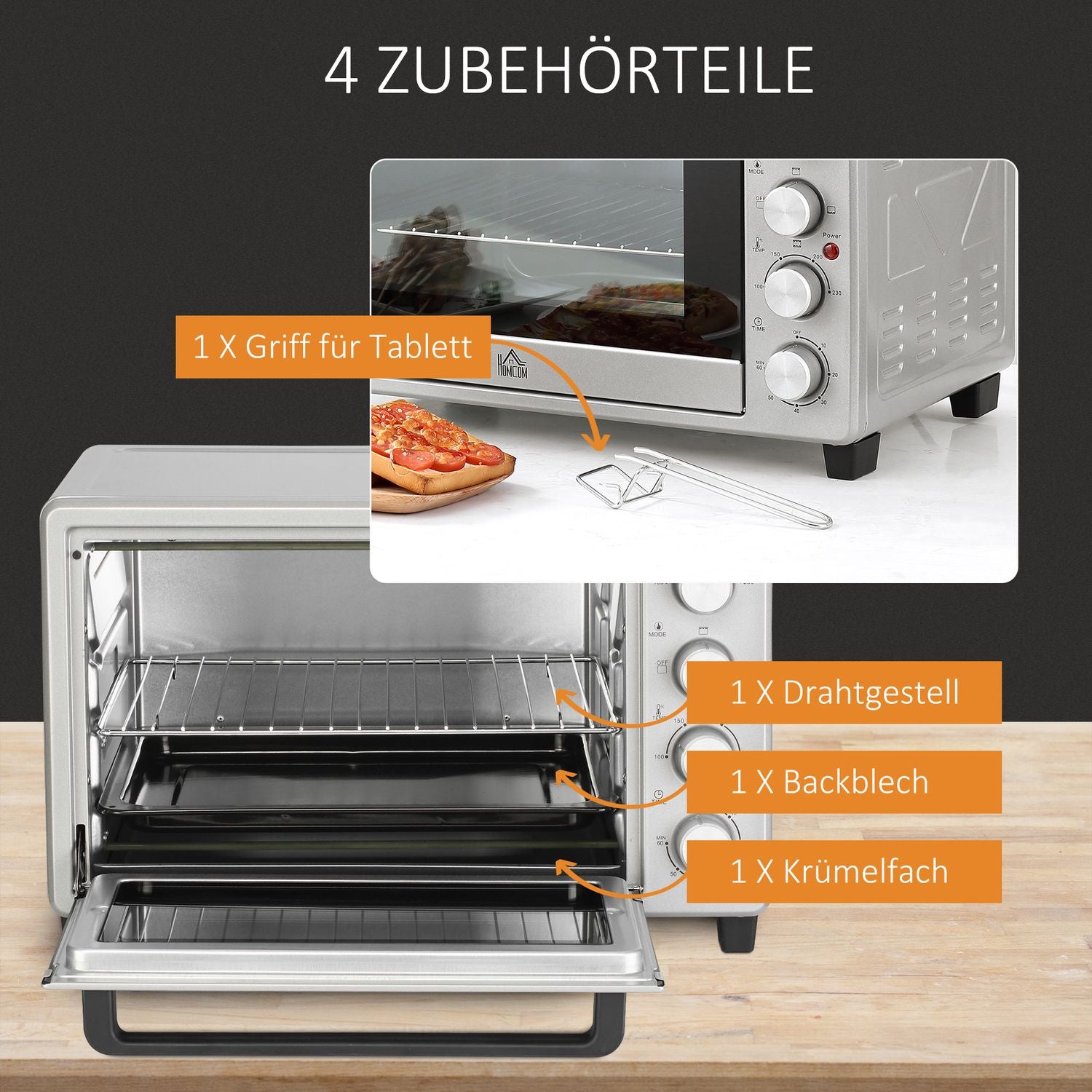 Elektrisk Miniugn 32L, 1600W, Rostfritt Stål & Glas