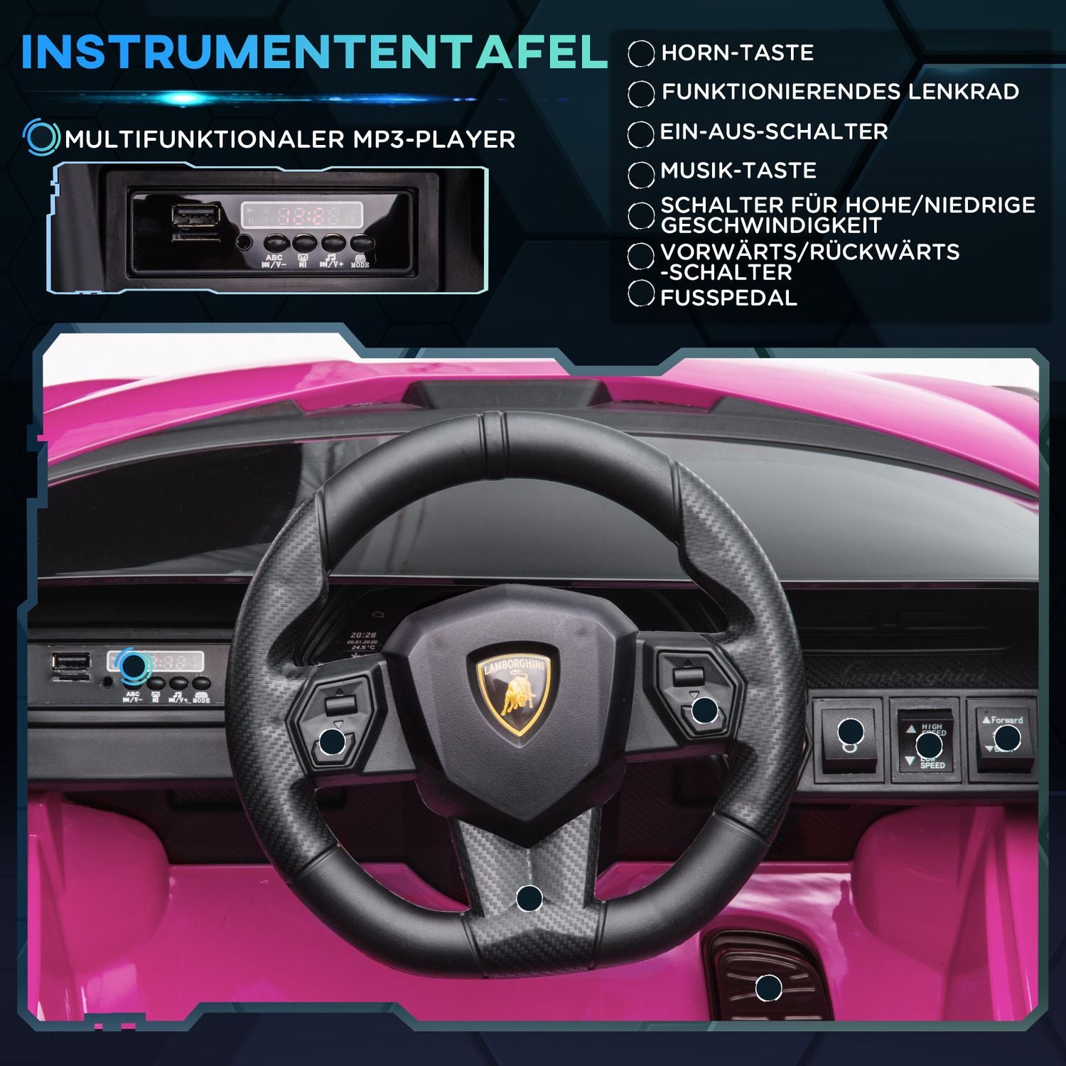 Rosa elektrisk SUV-bil för barn – 3 växlar, MP3, fjärrkontroll