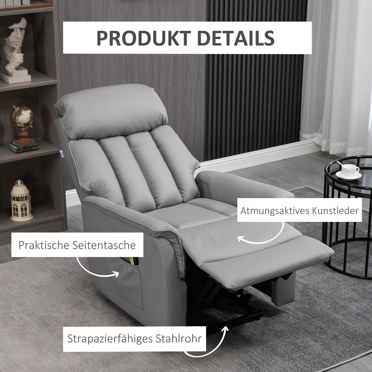 Elektrisk vilstol med ståhjälp, mikrofibergrå