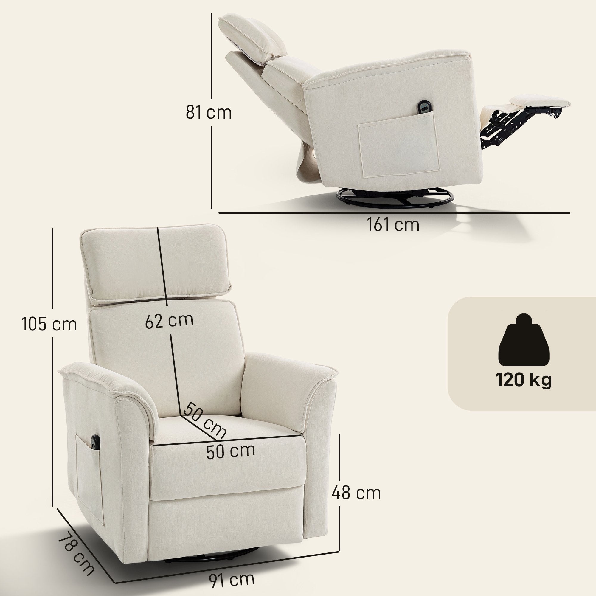 Elektrisk fåtölj med justerbart nackstöd, krämvit