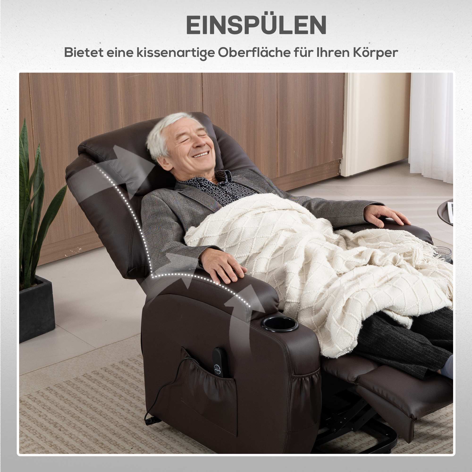 Elektrisk fåtölj med lyft, fjärrkontroll, mugghållare, brun