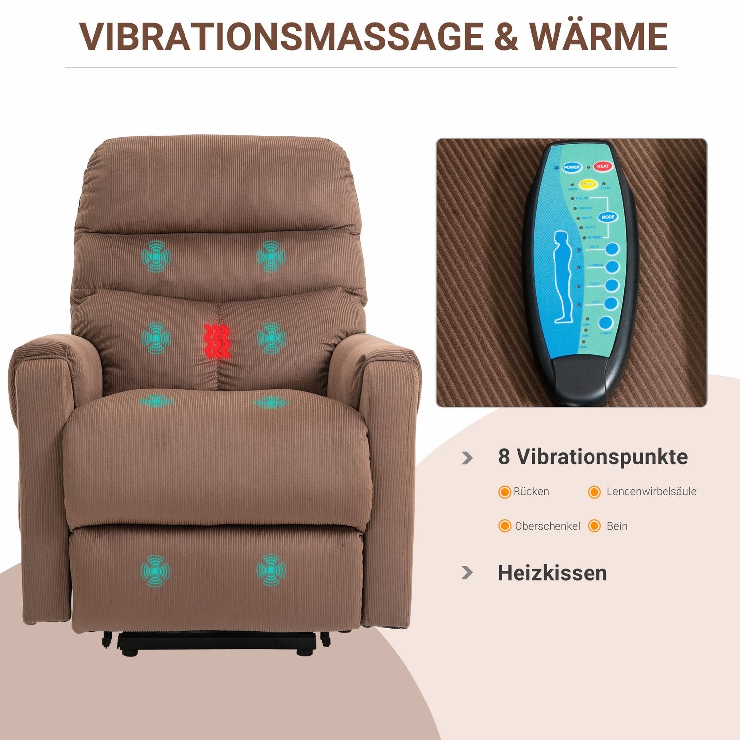 Elektrisk fåtölj med massage, värme och fjärrkontroll