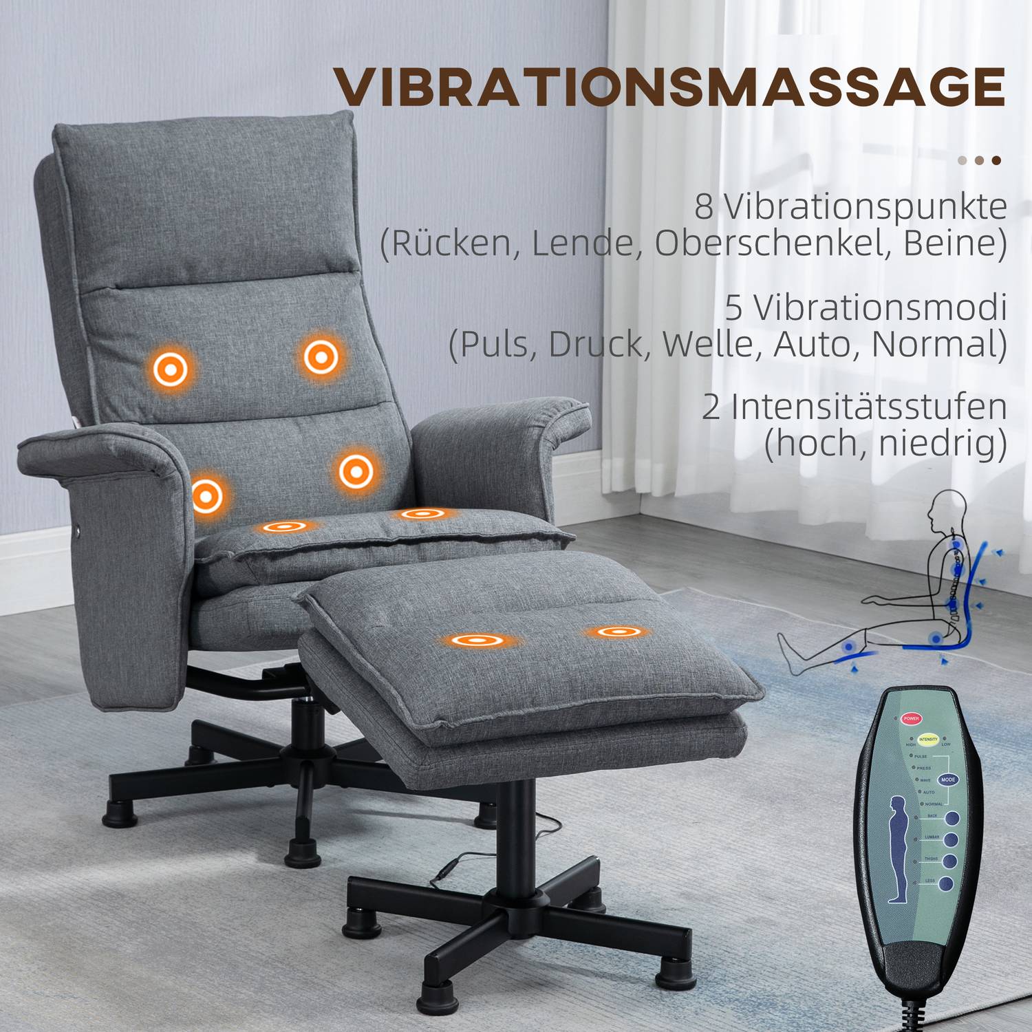 Elektrisk grå svängbar massagestol med fotpall och fjärrkontroll