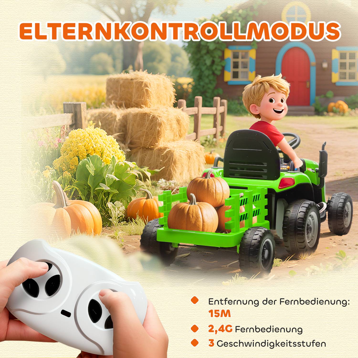 Elektrisk åktraktor med fjärrkontroll, 3-8 år, grön