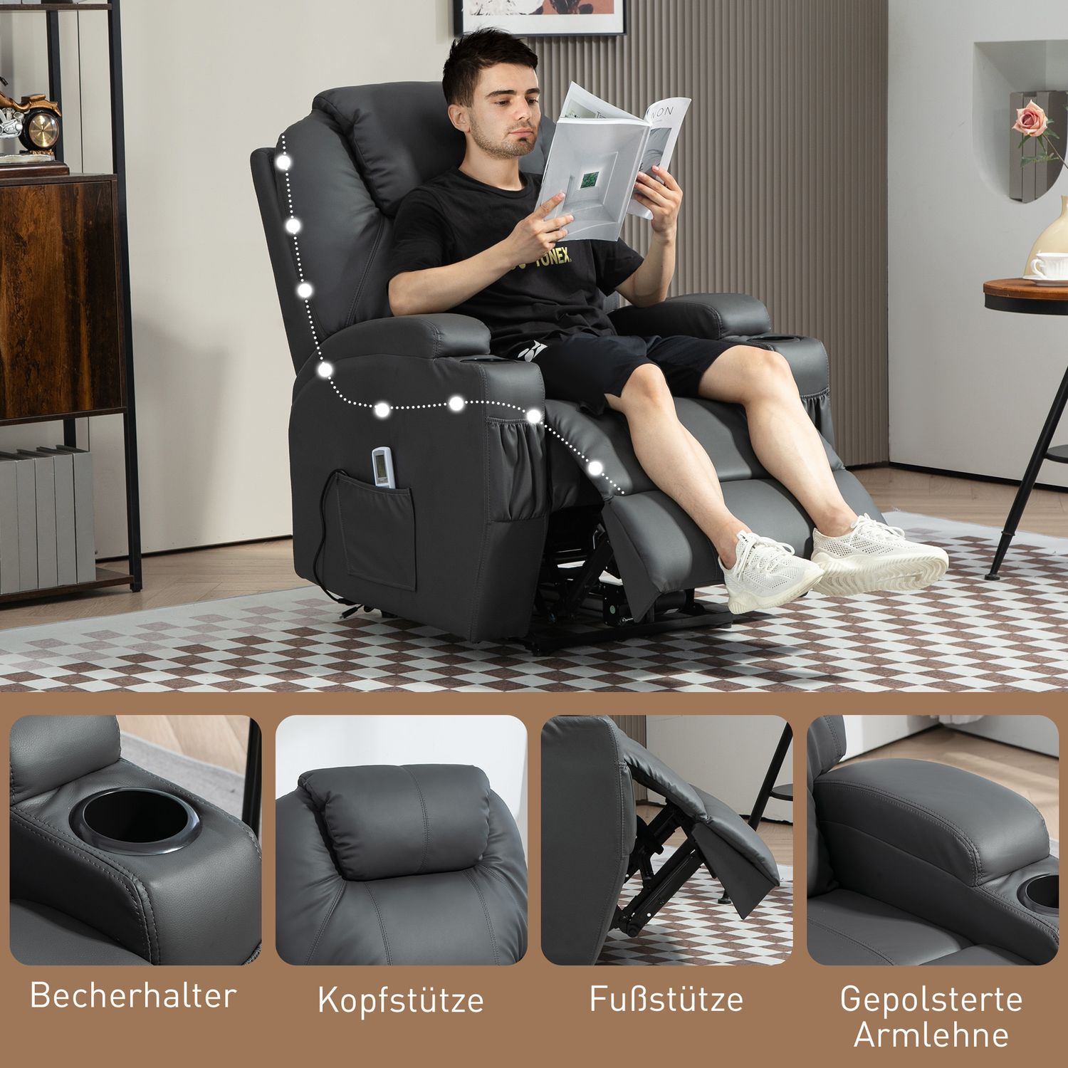 Elektrisk massagefåtölj med mugghållare