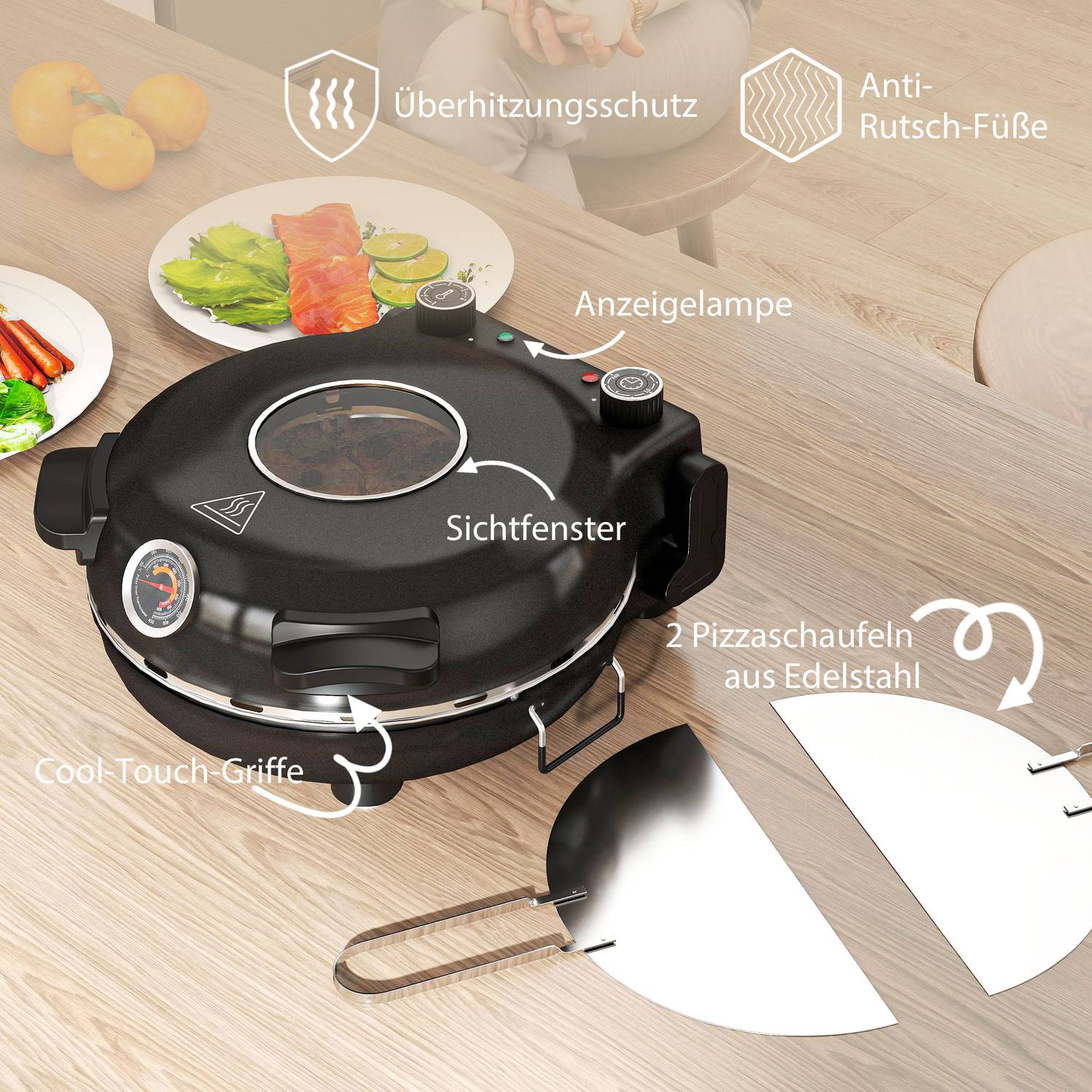 Elektrisk pizzaugn, 430℃, 1200W, 30cm sten, timer