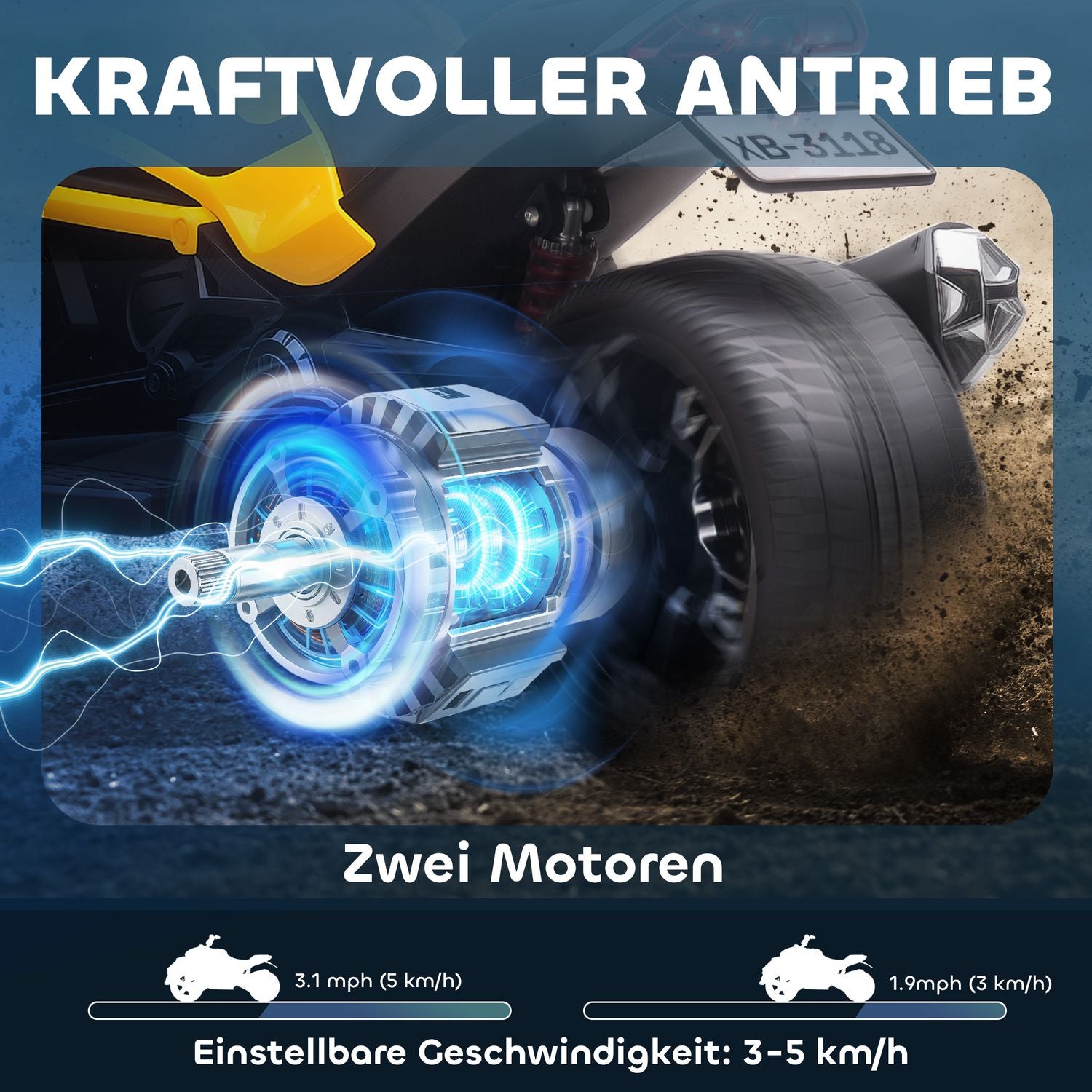 Elektrisk trehjuling för barn, batteri, MP3, LED, åldrar 3-8, gul