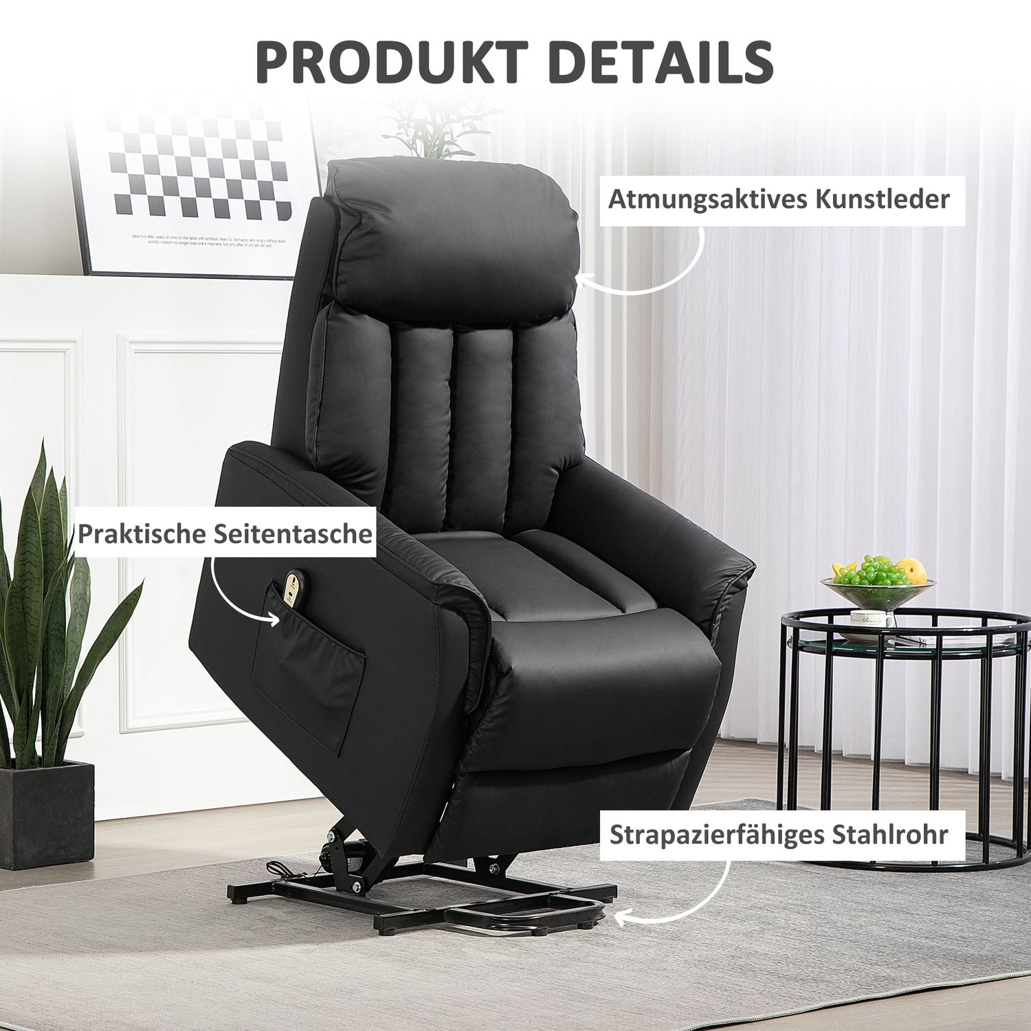 Elektrisk vilstol, TV-stol, fåtölj med ståhjälp, liggfunktion, konstläder, 80 x 94 x 104 cm, svart