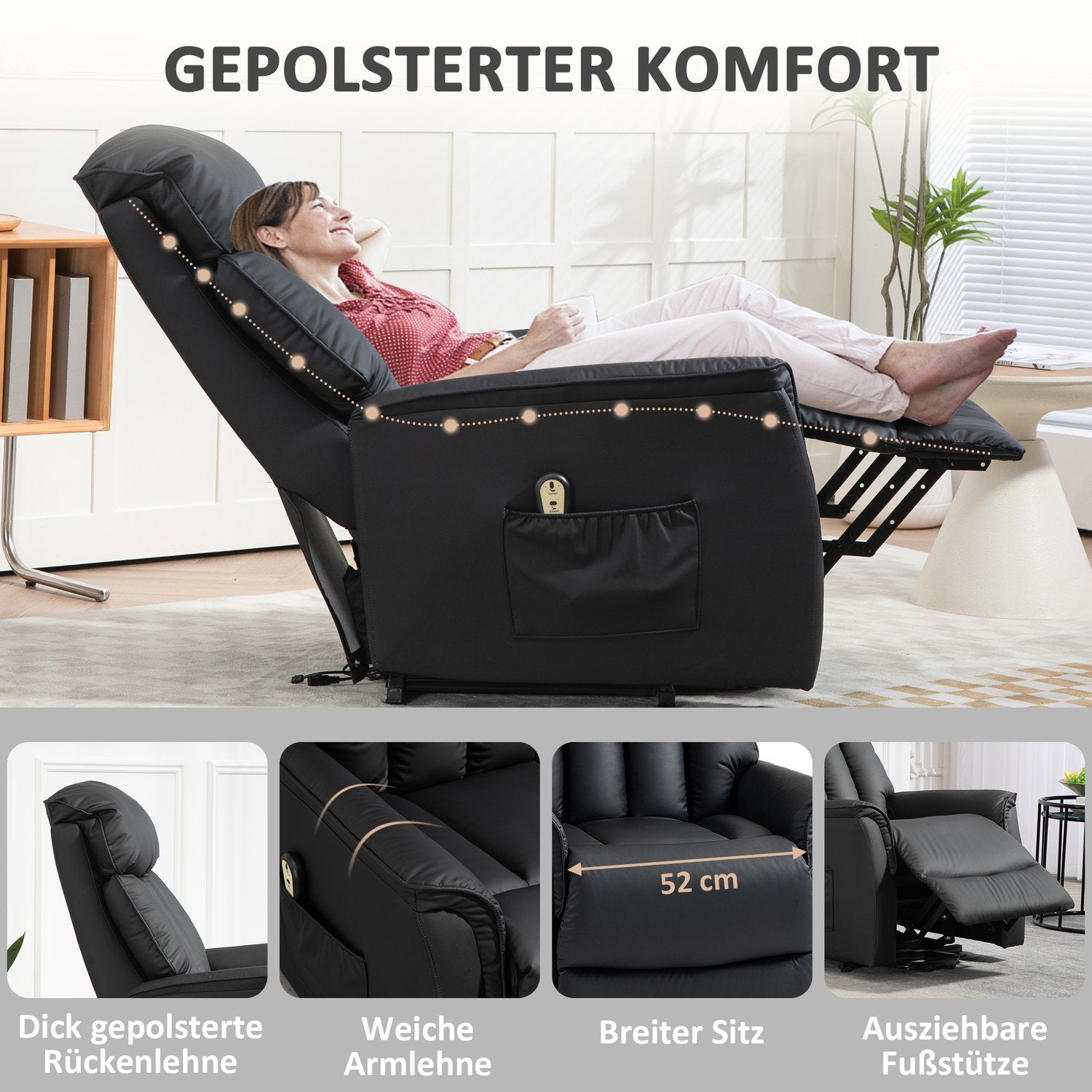 Elektrisk vilstol, TV-stol, fåtölj med ståhjälp, liggfunktion, konstläder, 80 x 94 x 104 cm, svart