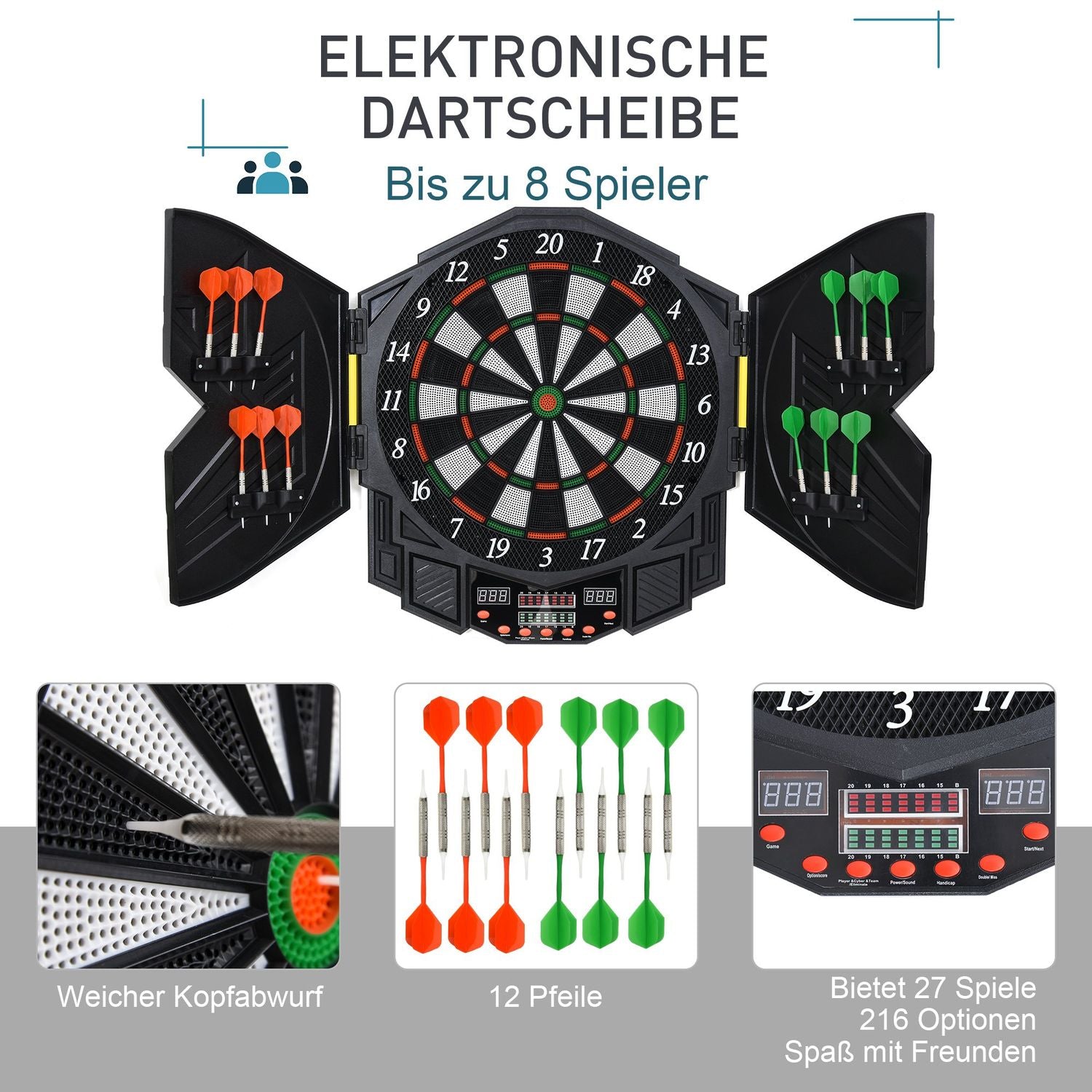 Elektroniskt dartskåp, 216 spel, 12 dart, ABS-PP
