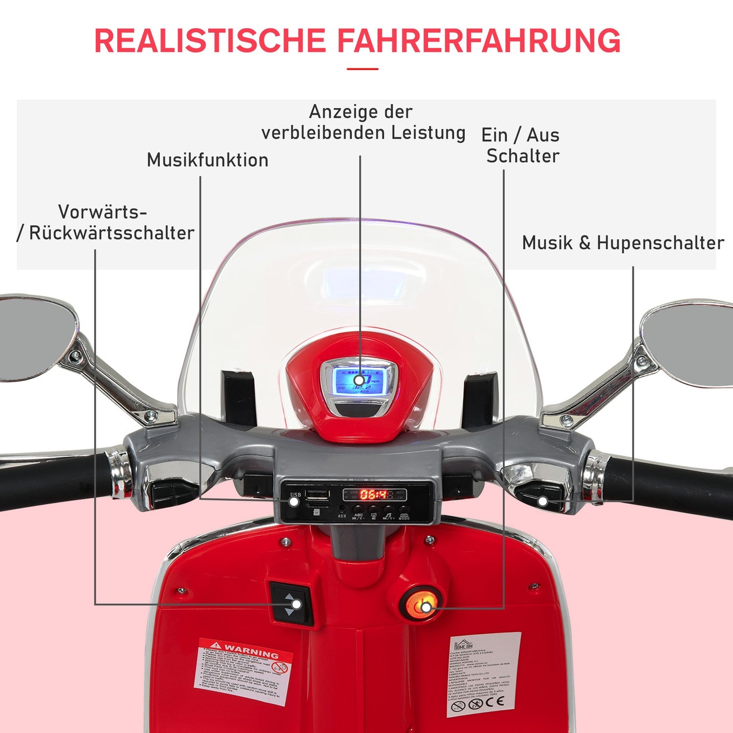 Elmotorcykel för barn med MP3 & lampor, röd