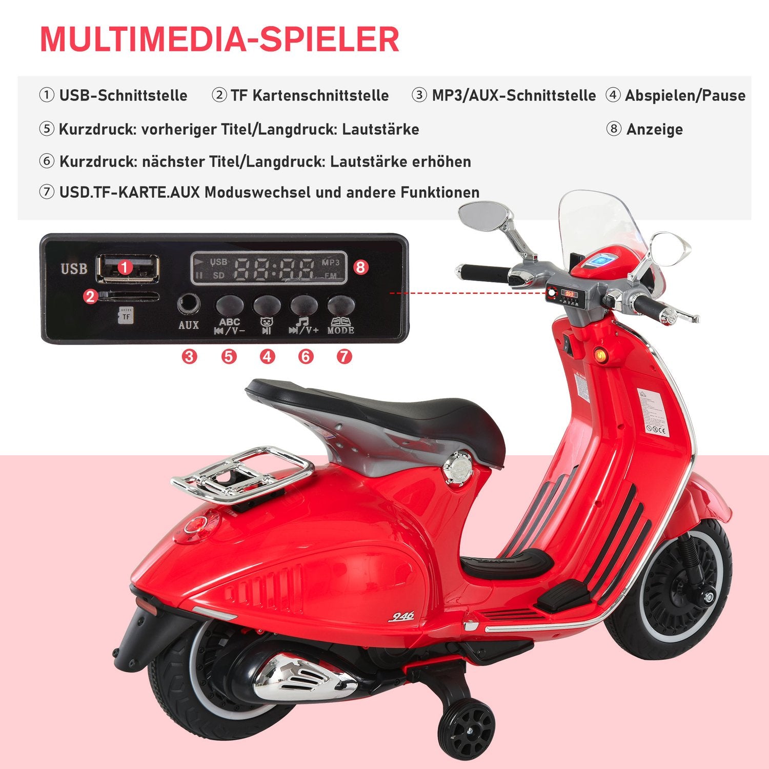Elmotorcykel för barn med MP3 & lampor, röd