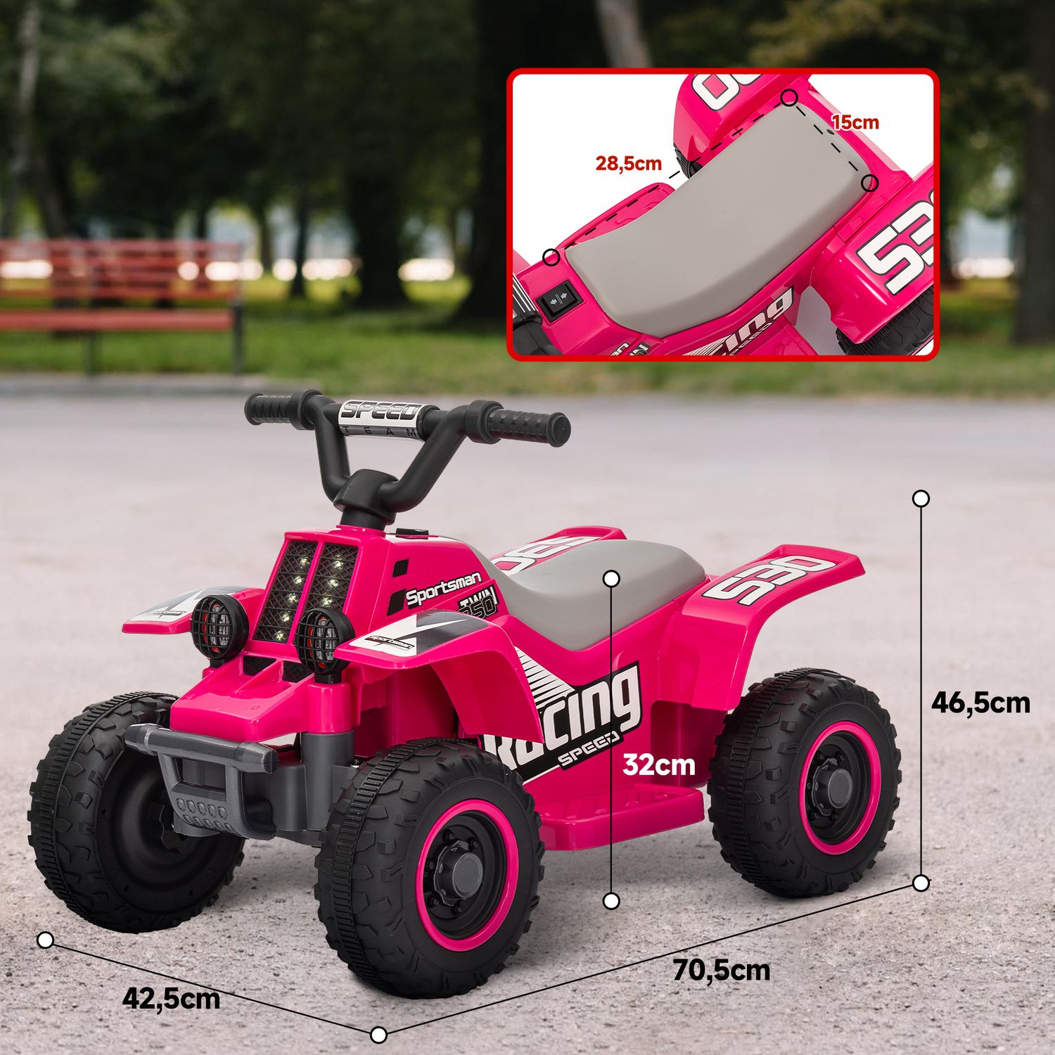 Elektrisk fyrhjuling för barn med LED och horn, rosa, 1,5-3 år